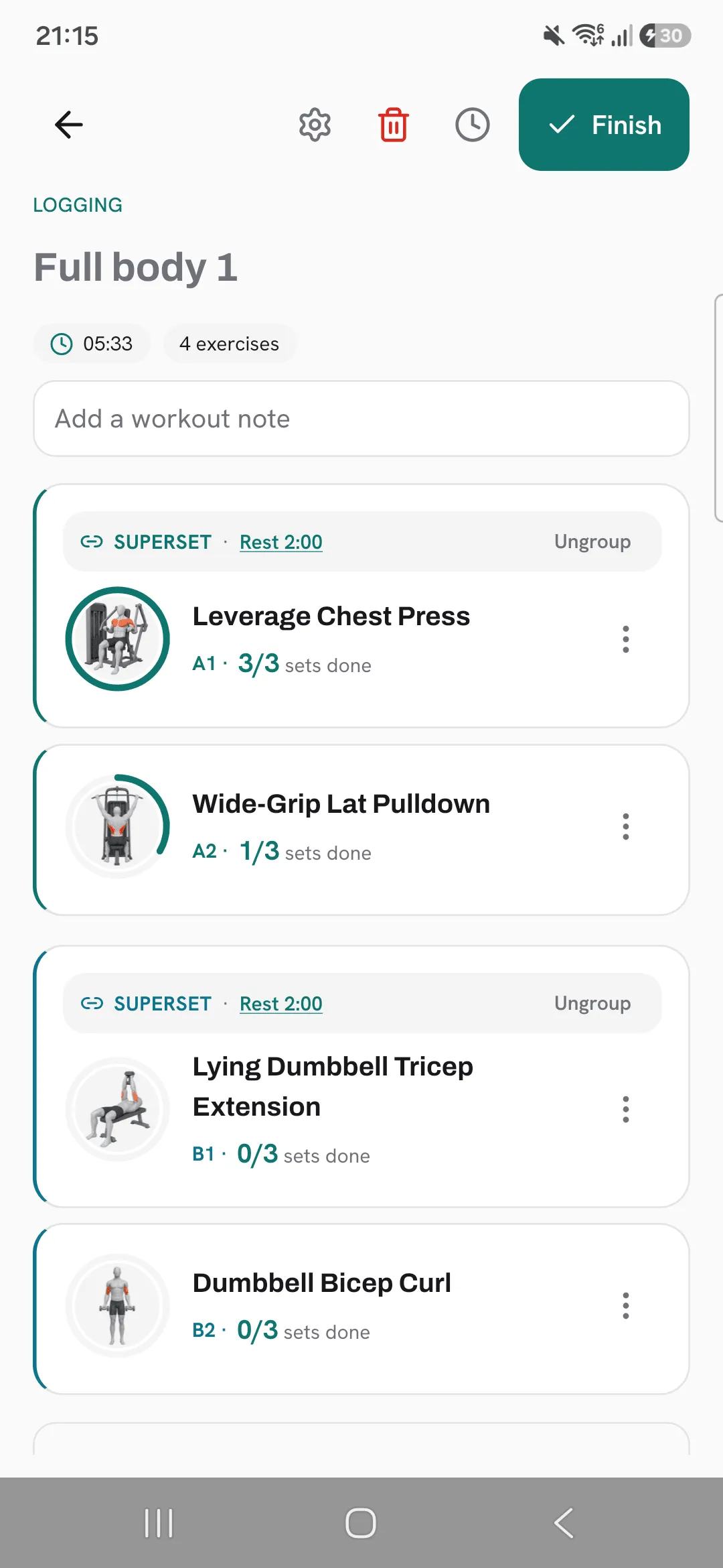 An active workout with two supersets: Leverage Chest Press and Wide-Grip Lat Pulldown as A1 and A2, and Lying Dumbbell Tricep Extension and Dumbbell Bicep Curl as B1 and B2, each with its own Rest 2:00 and Ungroup in the header.