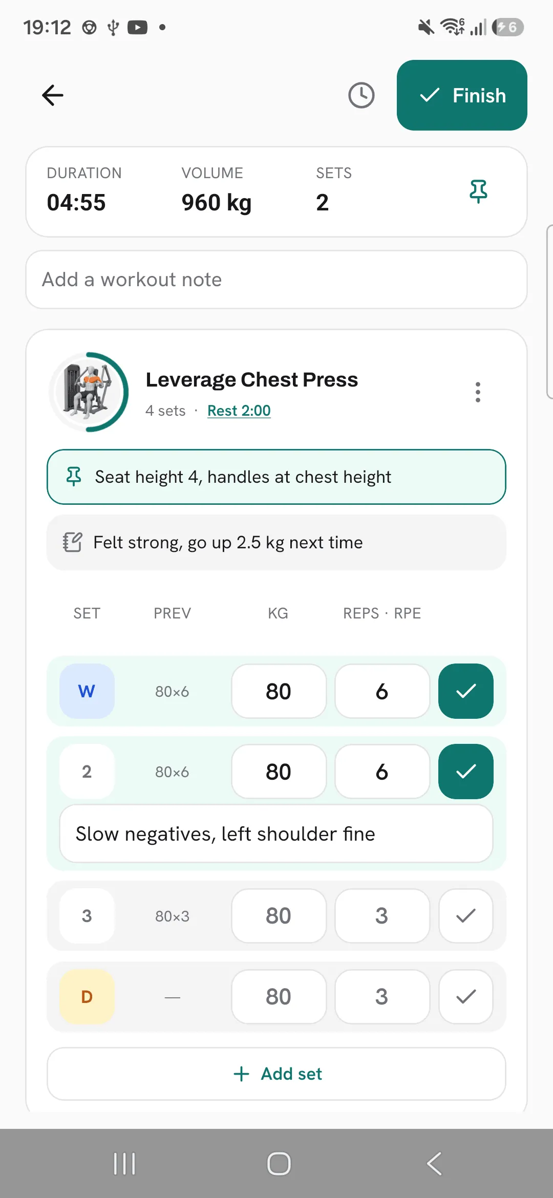 A set note reading Slow negatives, left shoulder fine, open under the second set.