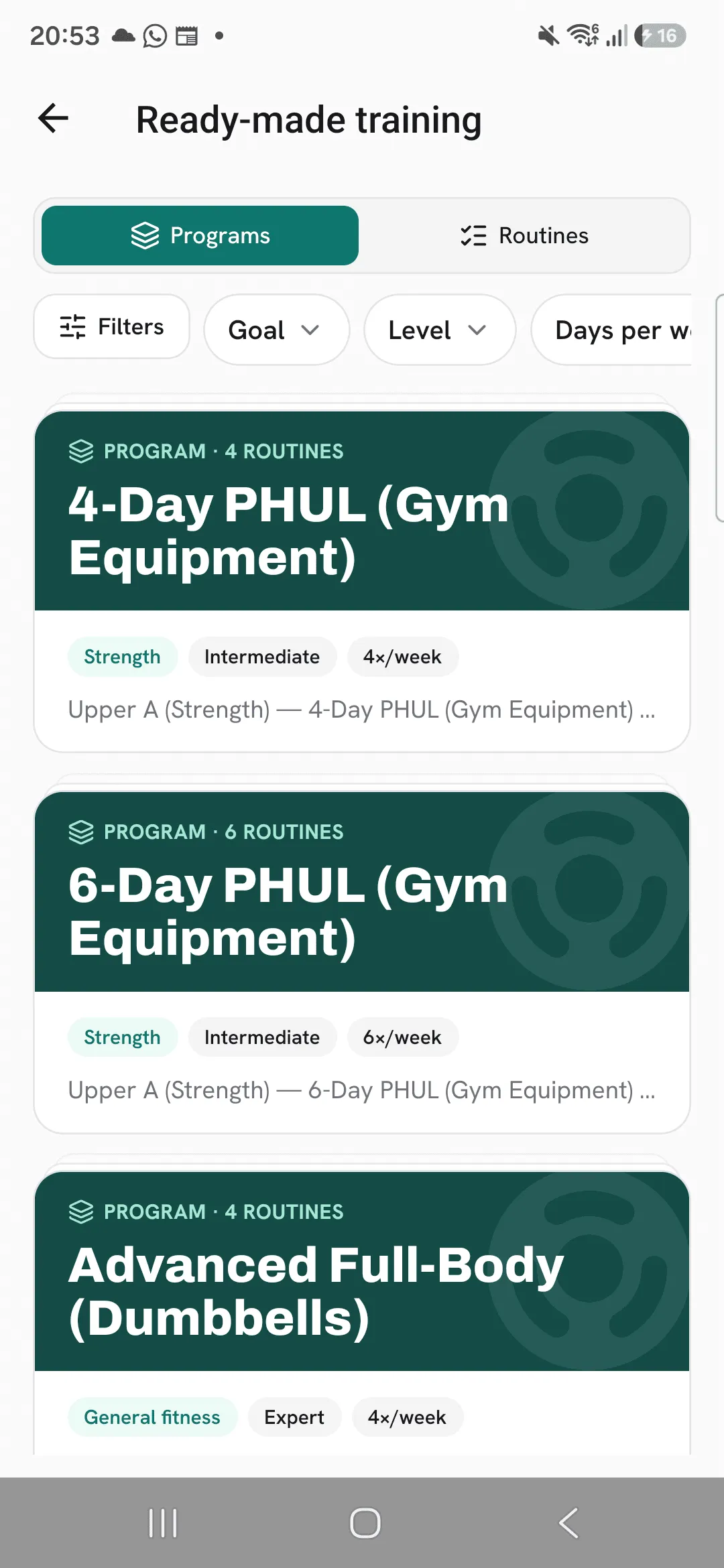 The Ready-made training library on Programs, with the 4-Day PHUL (Gym Equipment) program card showing 4 routines, Strength, Intermediate and 4×/week, above more programs.