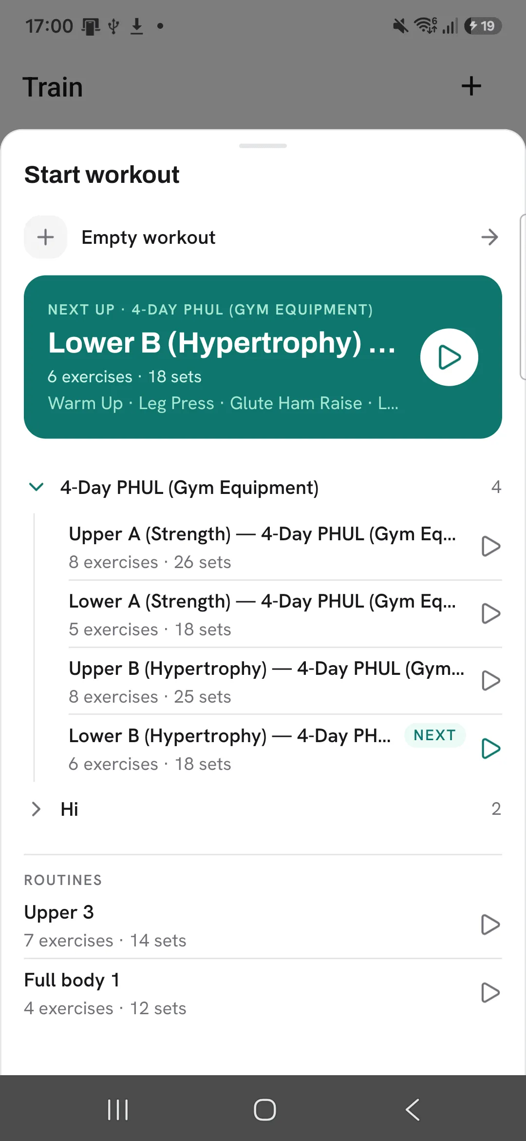 The Start workout sheet with Empty workout, the program’s next routine under Next up, and the routine Full body 1 ready to start.