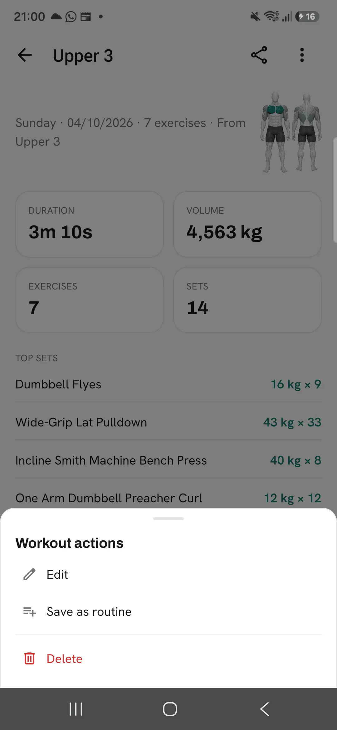 The Workout actions sheet with Save as routine between Edit and Delete.