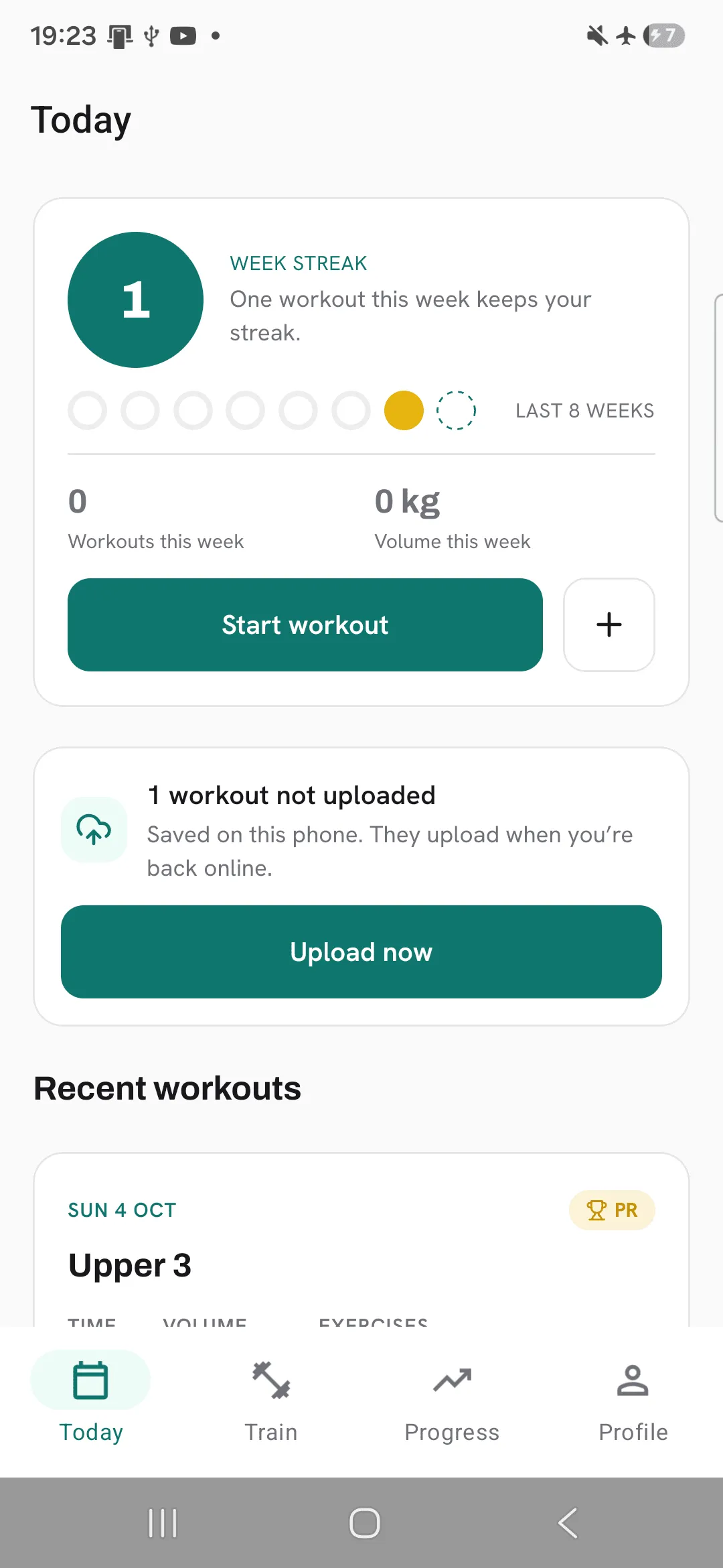 The not-uploaded card on Today with its Upload now button.