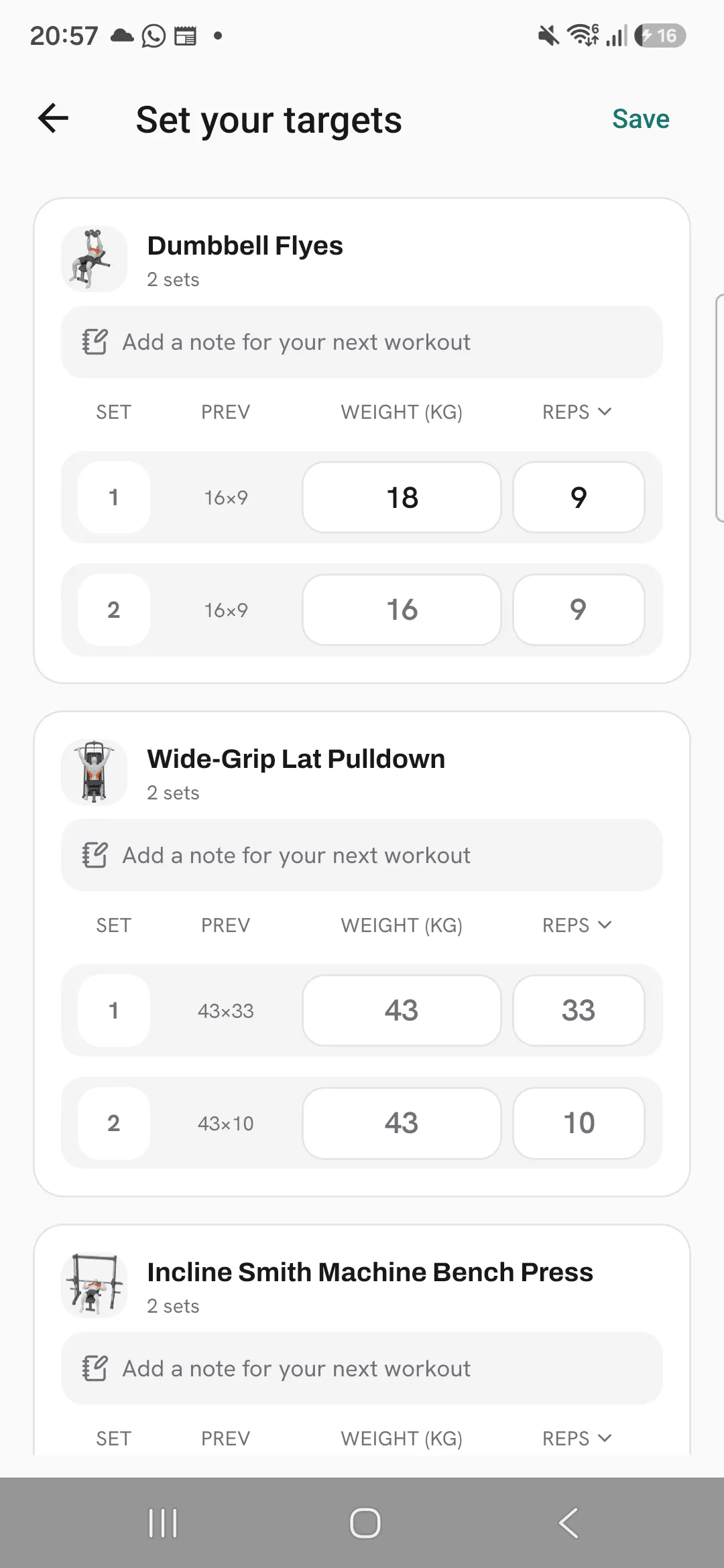 Set your targets for Upper 3, with Dumbbell Flyes set 1 targeted at 18 kg for 9 reps next to Prev 16×9, and the faint suggestions of 16 kg for 9 in set 2.