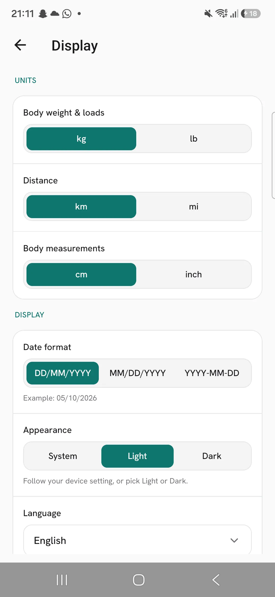 The Display screen with the Units group: Body weight & loads set to kg, Distance to km and Body measurements to cm.