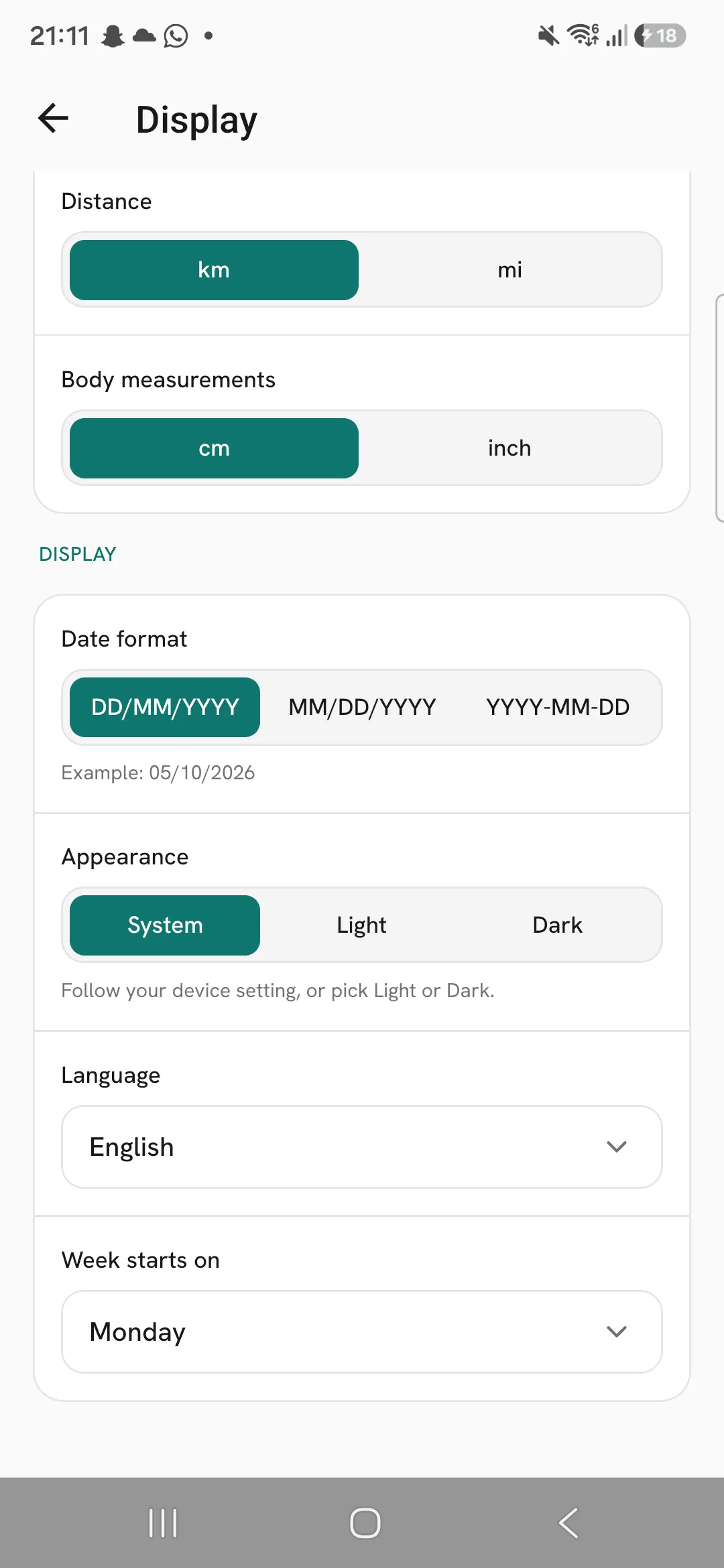 Appearance on the Display screen set to System, with Light and Dark next to it.
