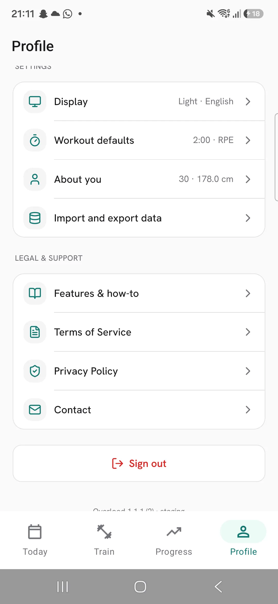 The settings list on Profile, with Display at the top showing Light · English.