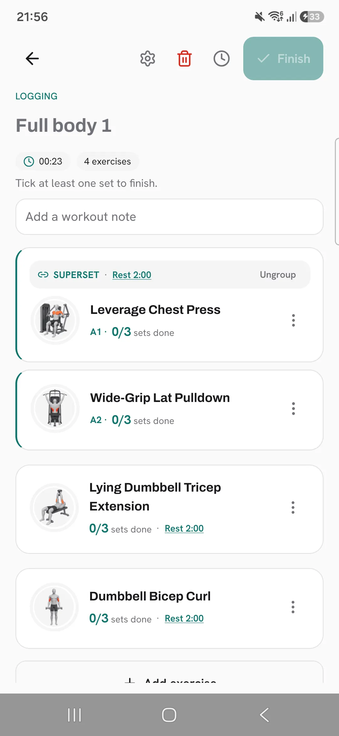 An active workout with superset A folded and Lying Dumbbell Tricep Extension below it, with its ⋮ menu button.