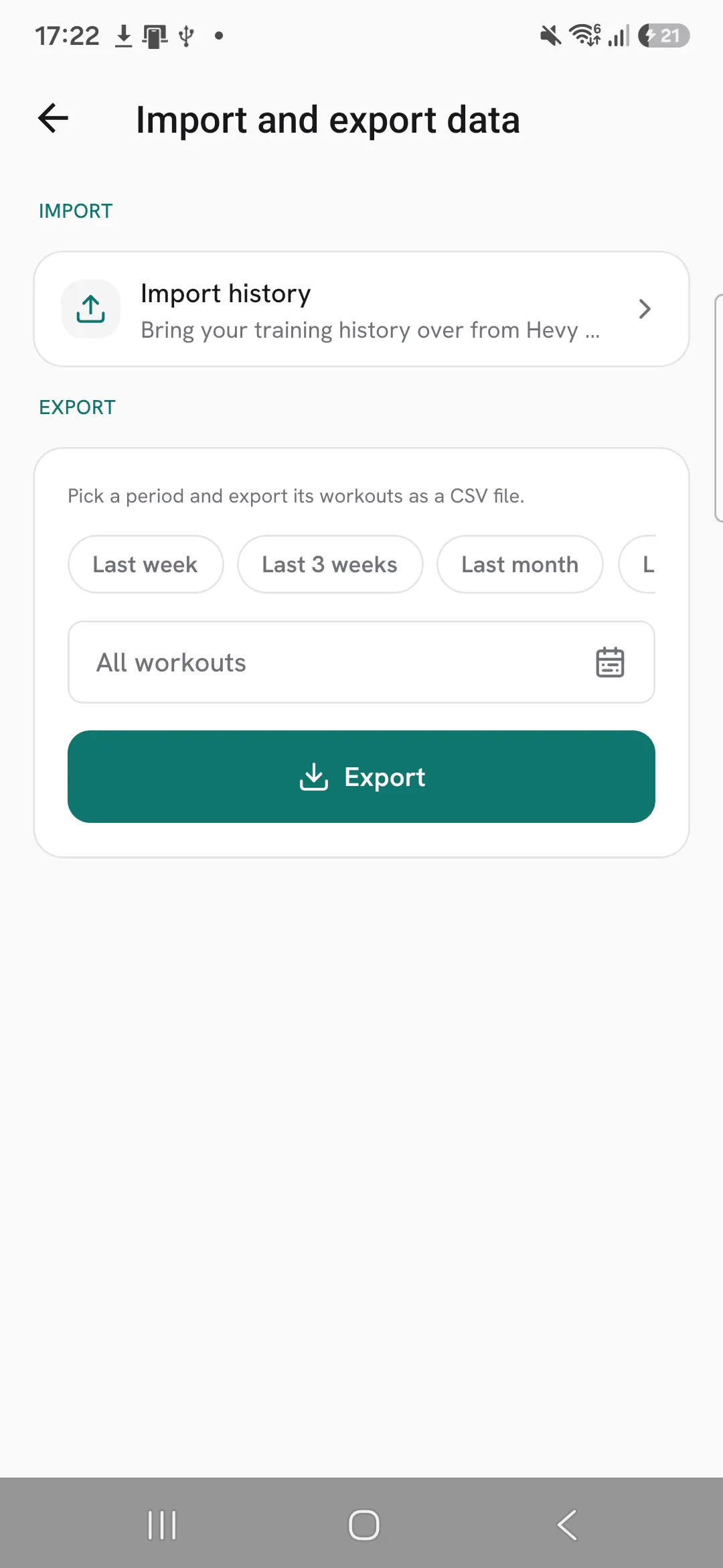 The Import and export data screen with Import history at the top, which brings training history over from Hevy or Strong.