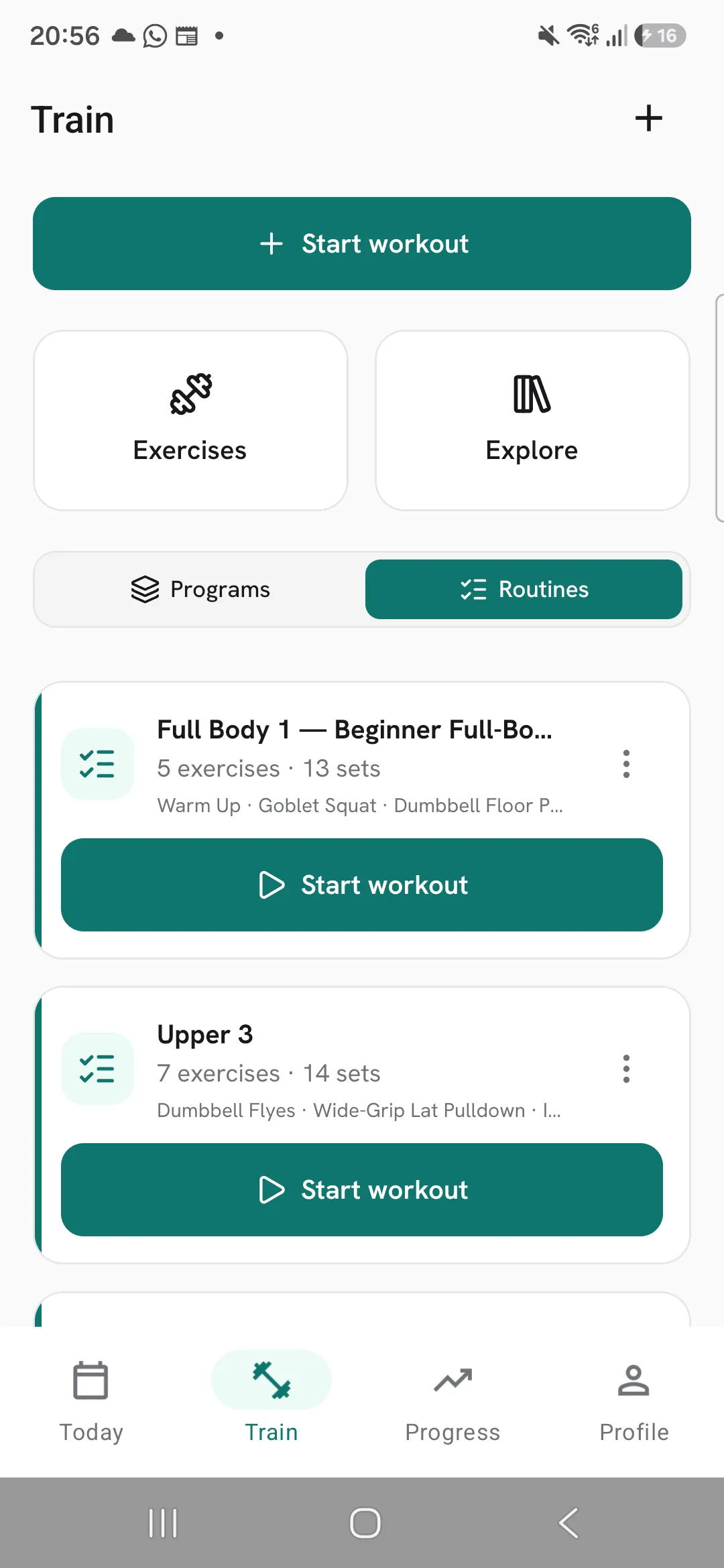 The Train tab with the routine Upper 3 and its ⋮ button.