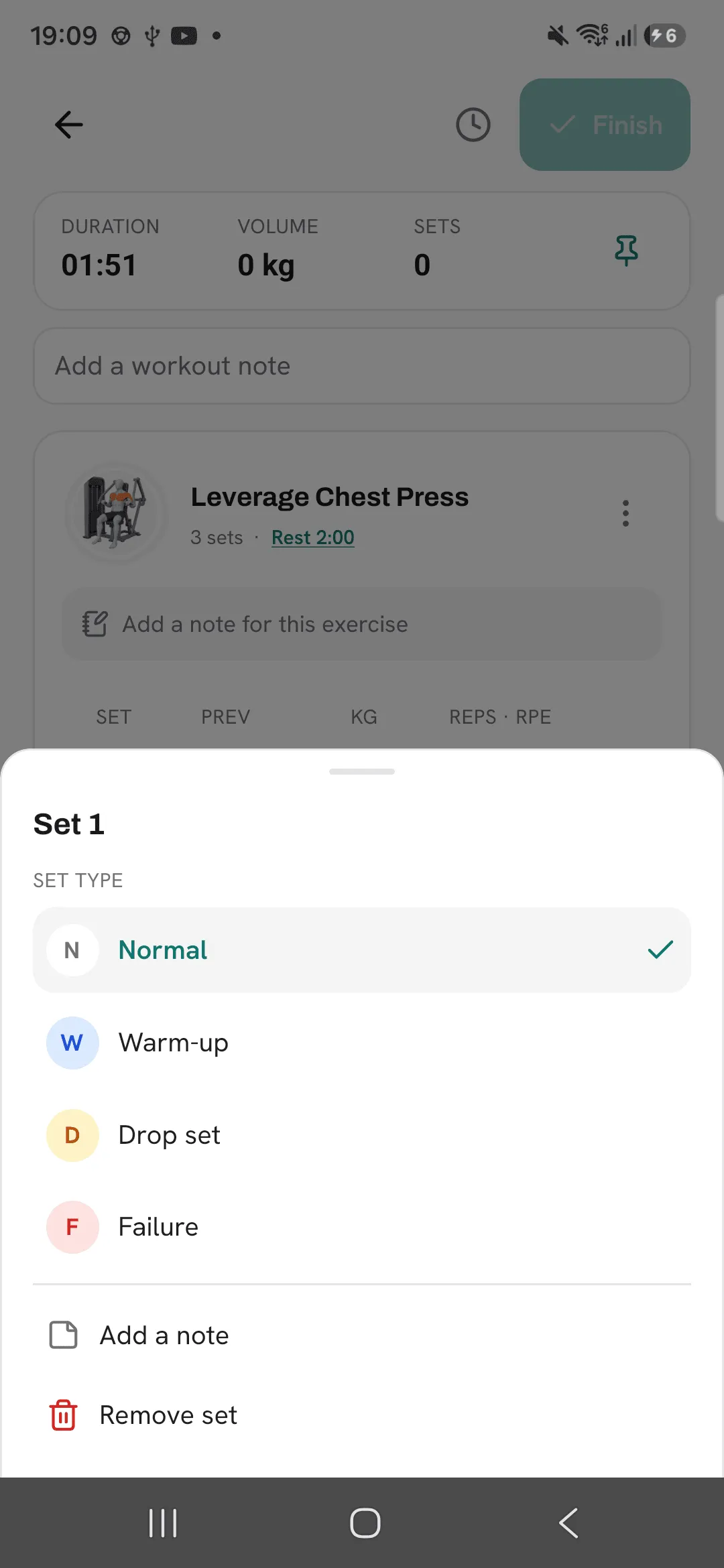 The Set 1 sheet with the set types and Add a note.