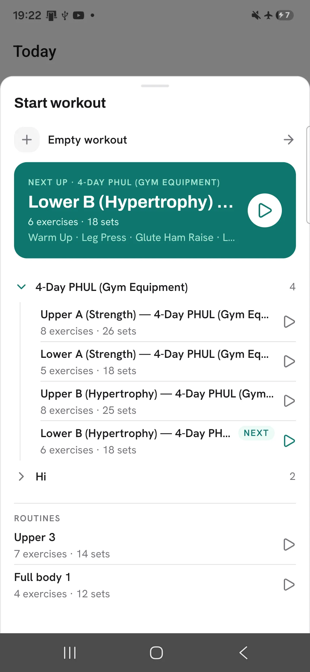 The Start workout sheet with no connection, showing Empty workout and your routines.