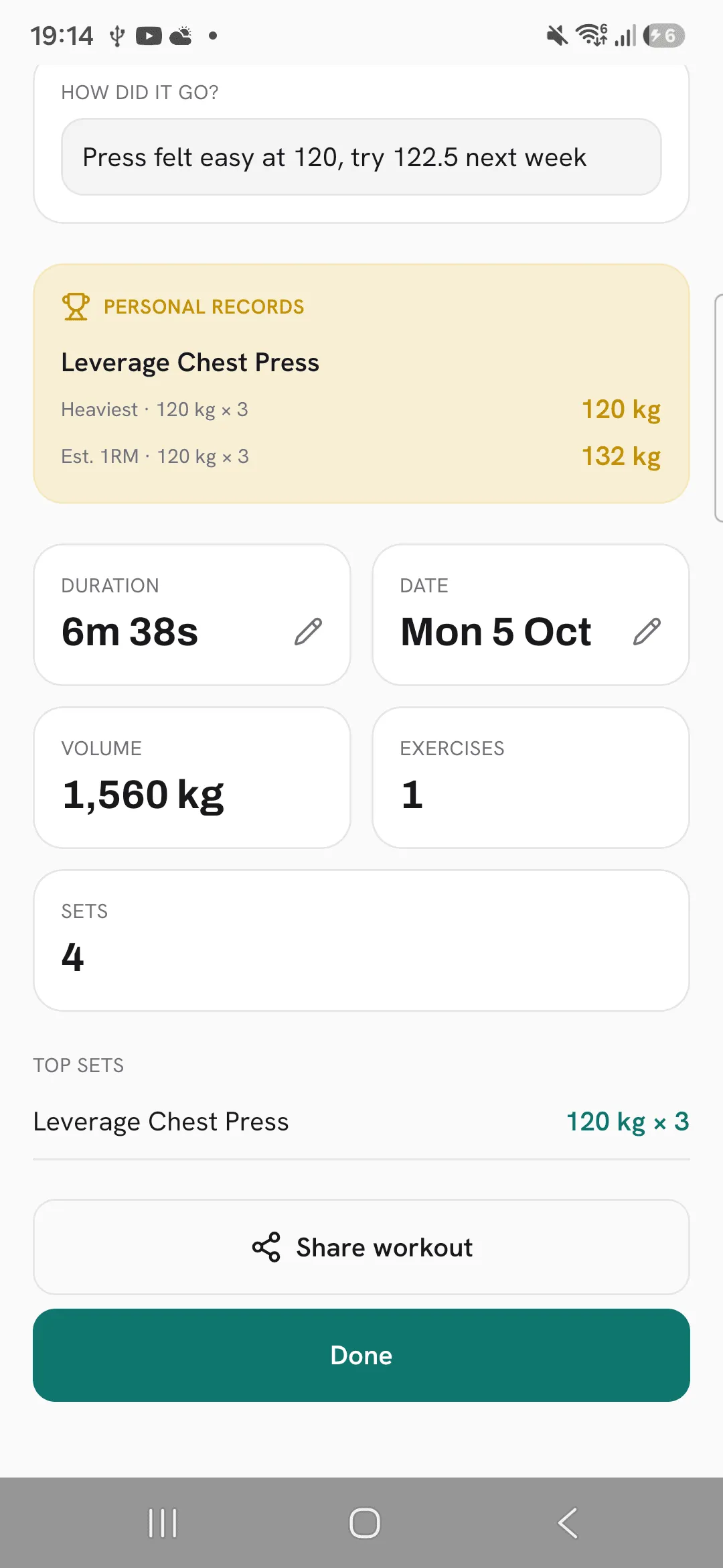 The bottom of the finish summary with Share workout above Done.