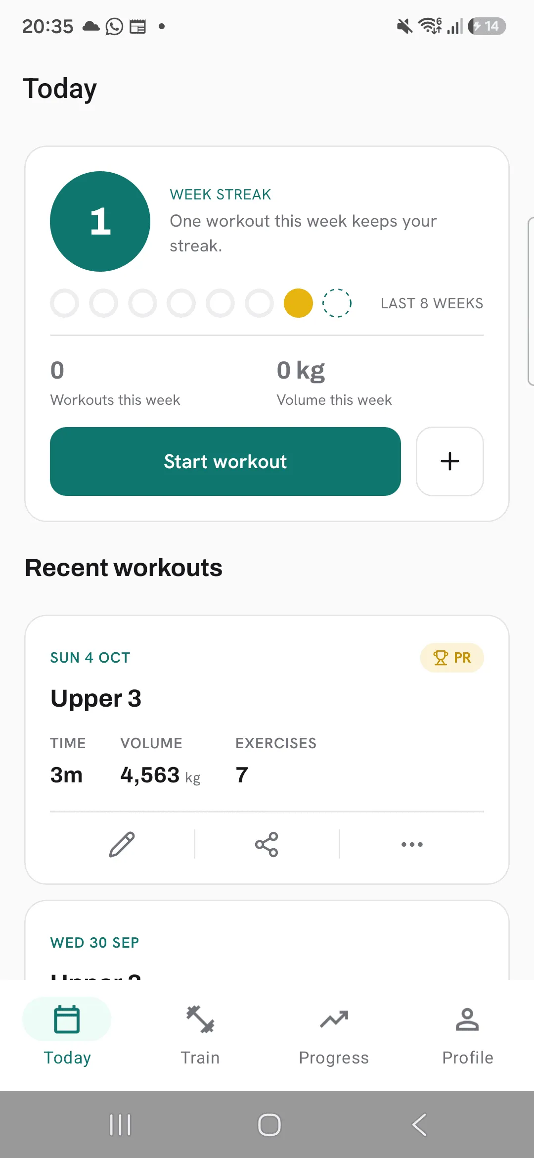 The streak card at the top of Today: a 1-week streak, the line One workout this week keeps your streak, and a strip of the last 8 weeks with a PR week in a different colour.