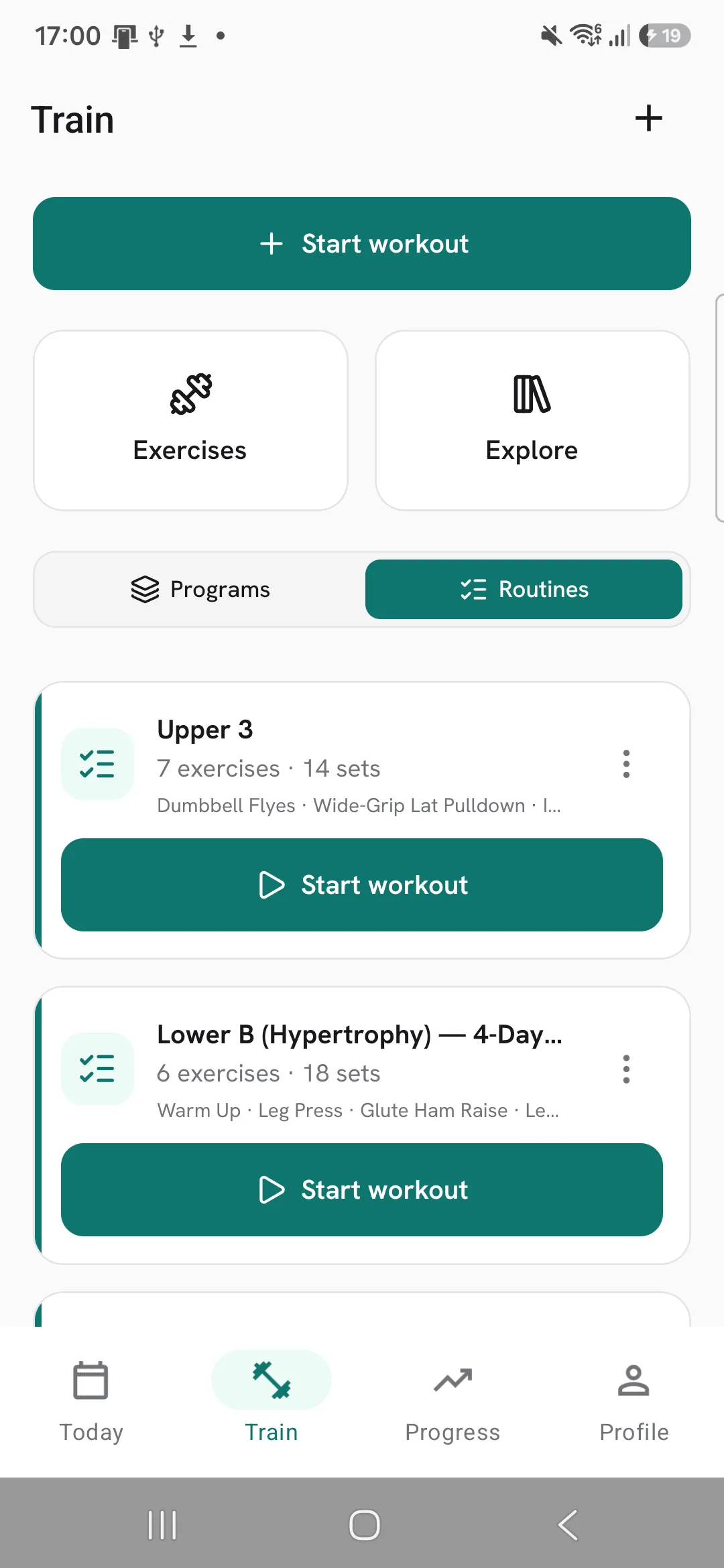 The Train tab with the Start workout button at the top, above Exercises, Explore and your routines.