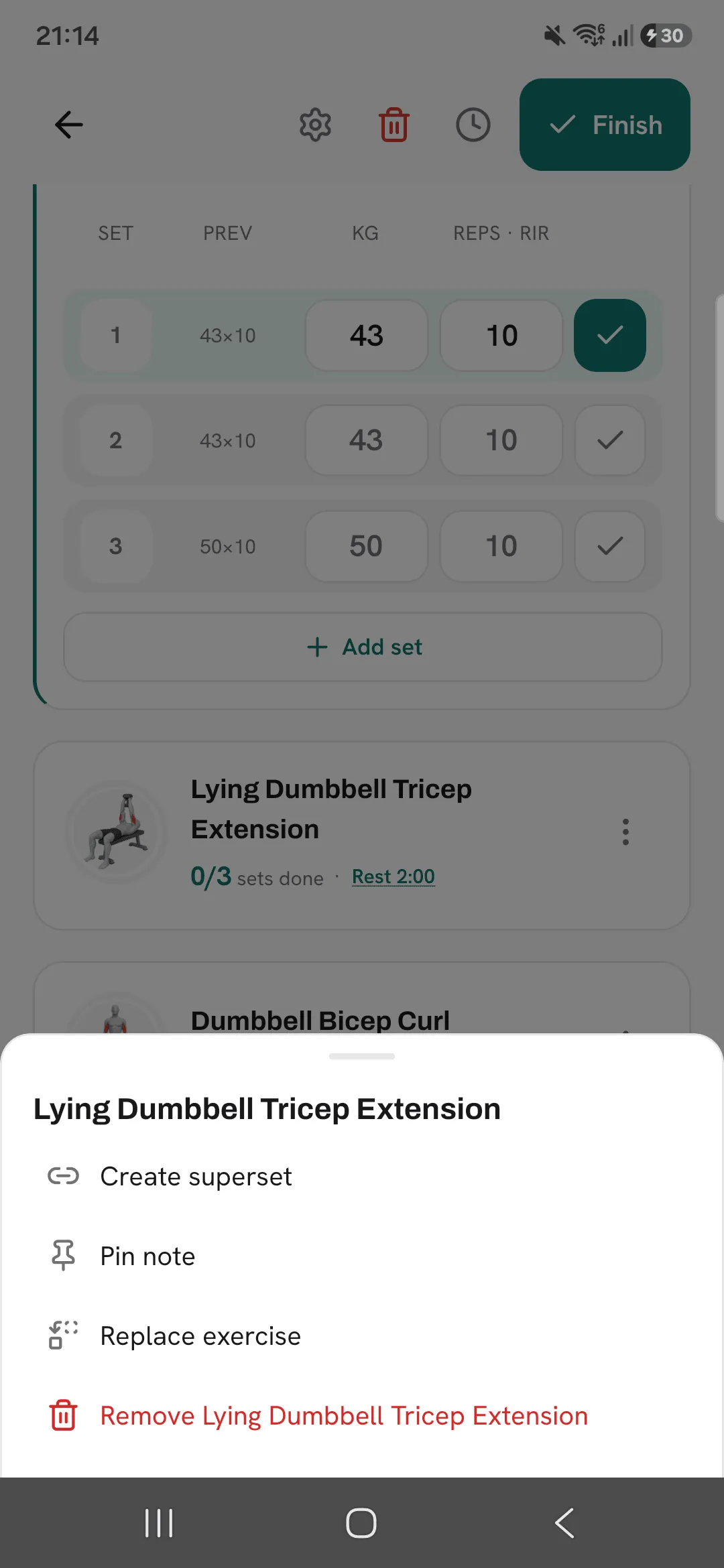 The exercise menu with Create superset at the top.