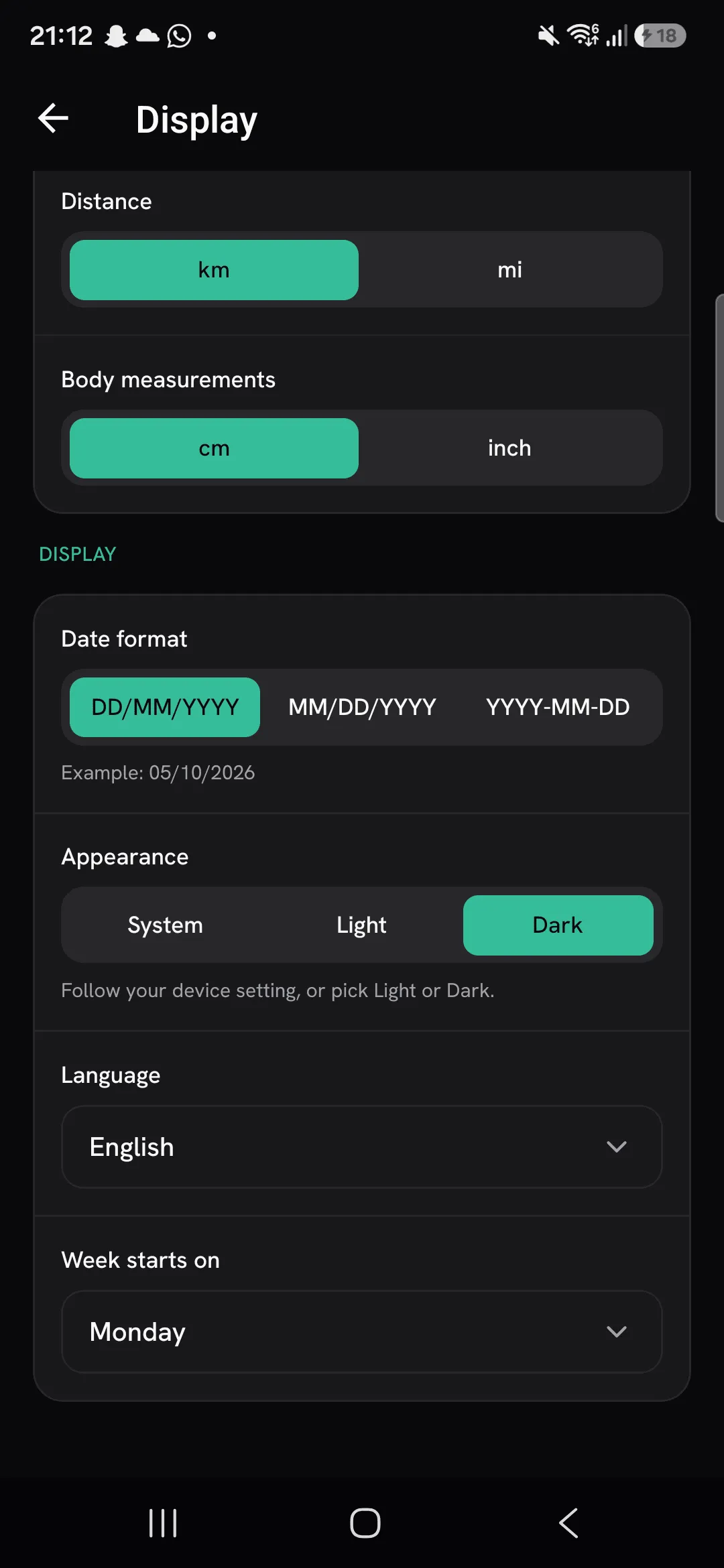 The Display screen in the dark theme after tapping Dark under Appearance.