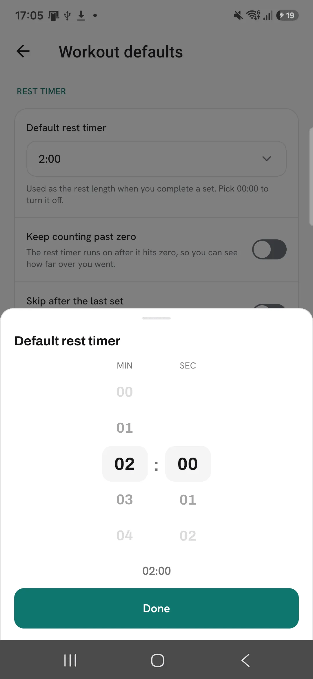 The Default rest timer picker set to 2 minutes 00 seconds, with a Done button.
