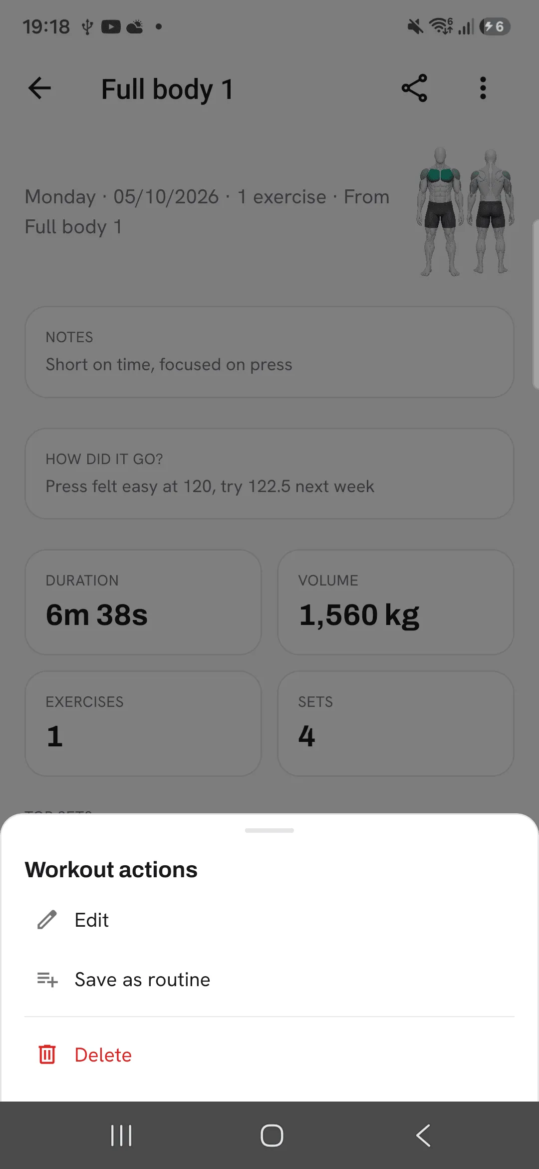A finished workout with its Workout actions menu open: Edit, Save as routine and Delete.