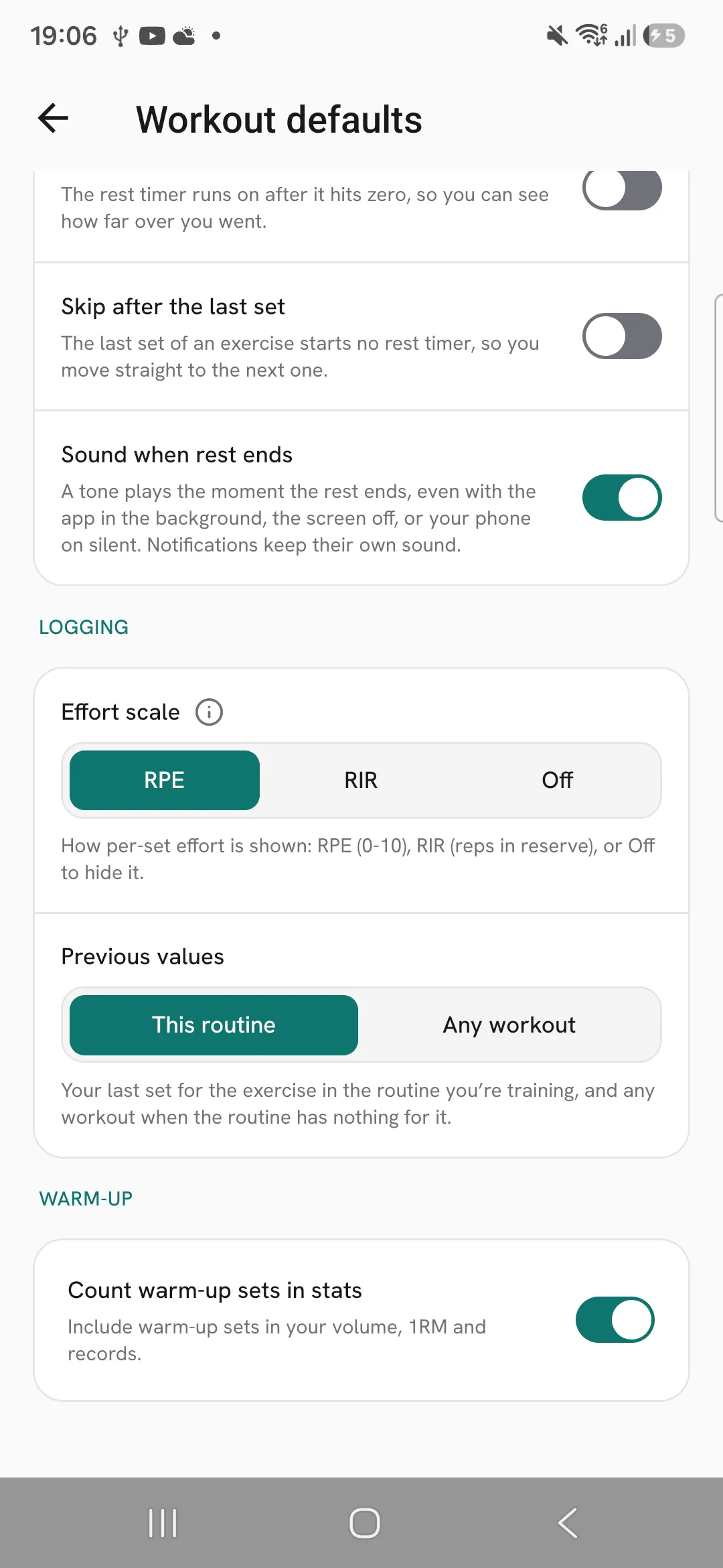 The Logging group with Effort scale set to RPE and Previous values set to This routine.