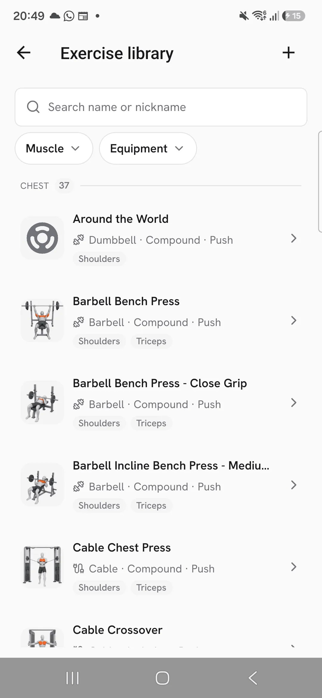 The Chest group of the library with a count of 37, and Barbell Bench Press showing its thumbnail, Barbell · Compound · Push, and Shoulders and Triceps tags.
