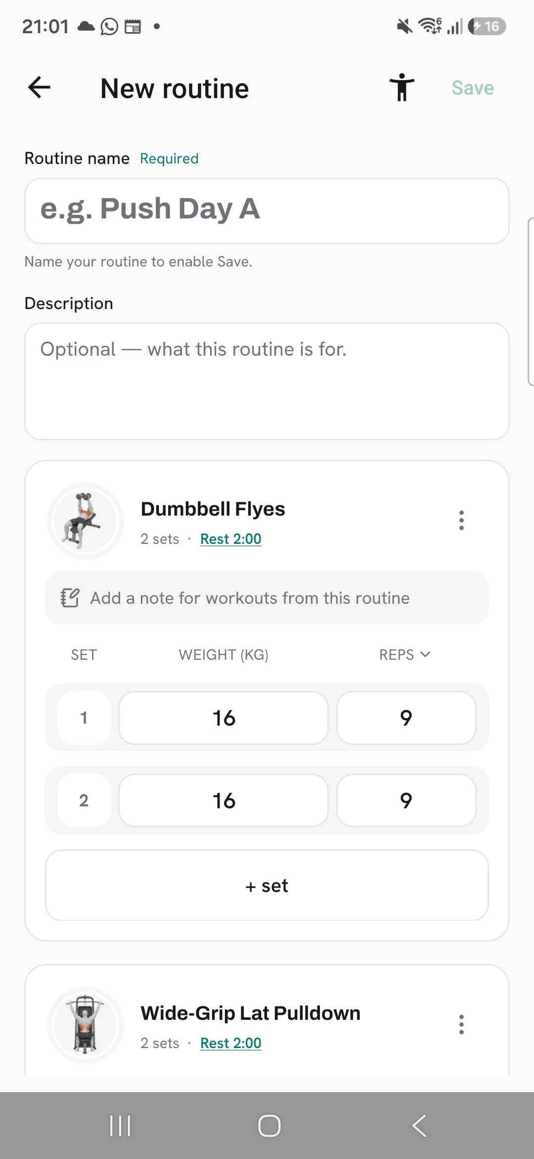 The New routine editor with an empty Routine name field, the hint Name your routine to enable Save, and Save greyed out.