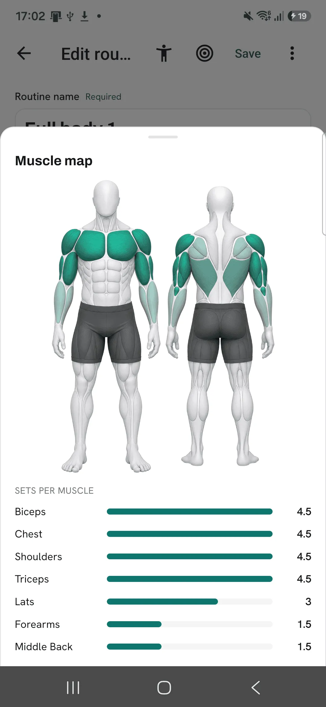 The Muscle map sheet for a full-body routine, with biceps, chest, shoulders and triceps trained most and every muscle it trains listed by sets.