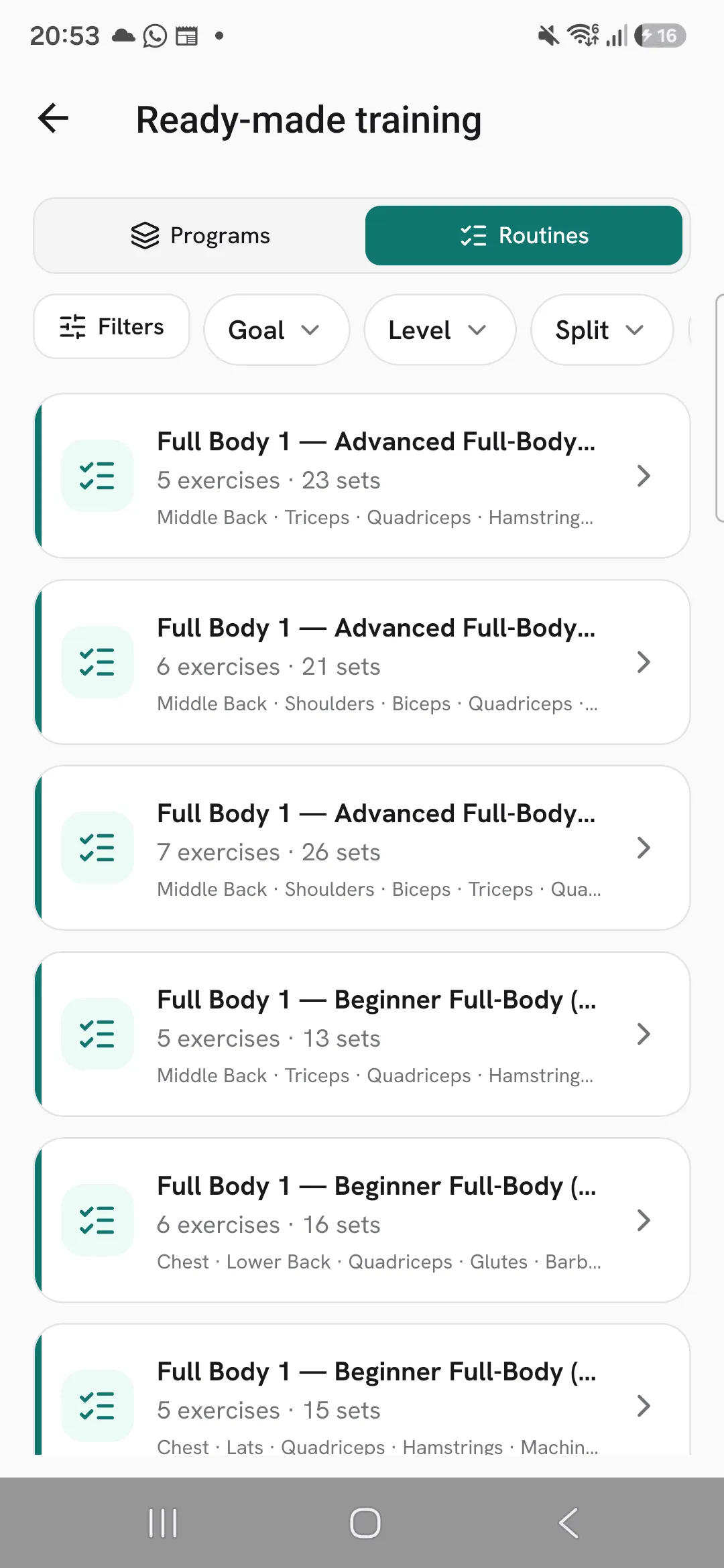 The library on Routines, each routine with its exercise and set counts and the muscles and equipment it uses.
