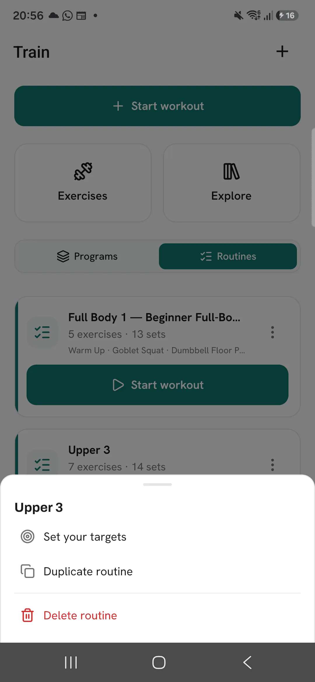 The Upper 3 actions sheet with Set your targets, Duplicate routine and Delete routine.