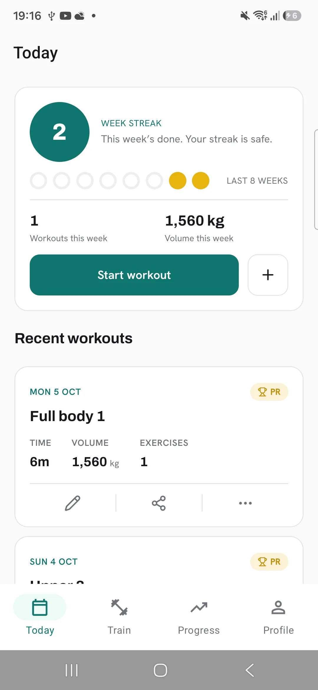 A workout card under Recent workouts on Today, with the pencil, share and more buttons.