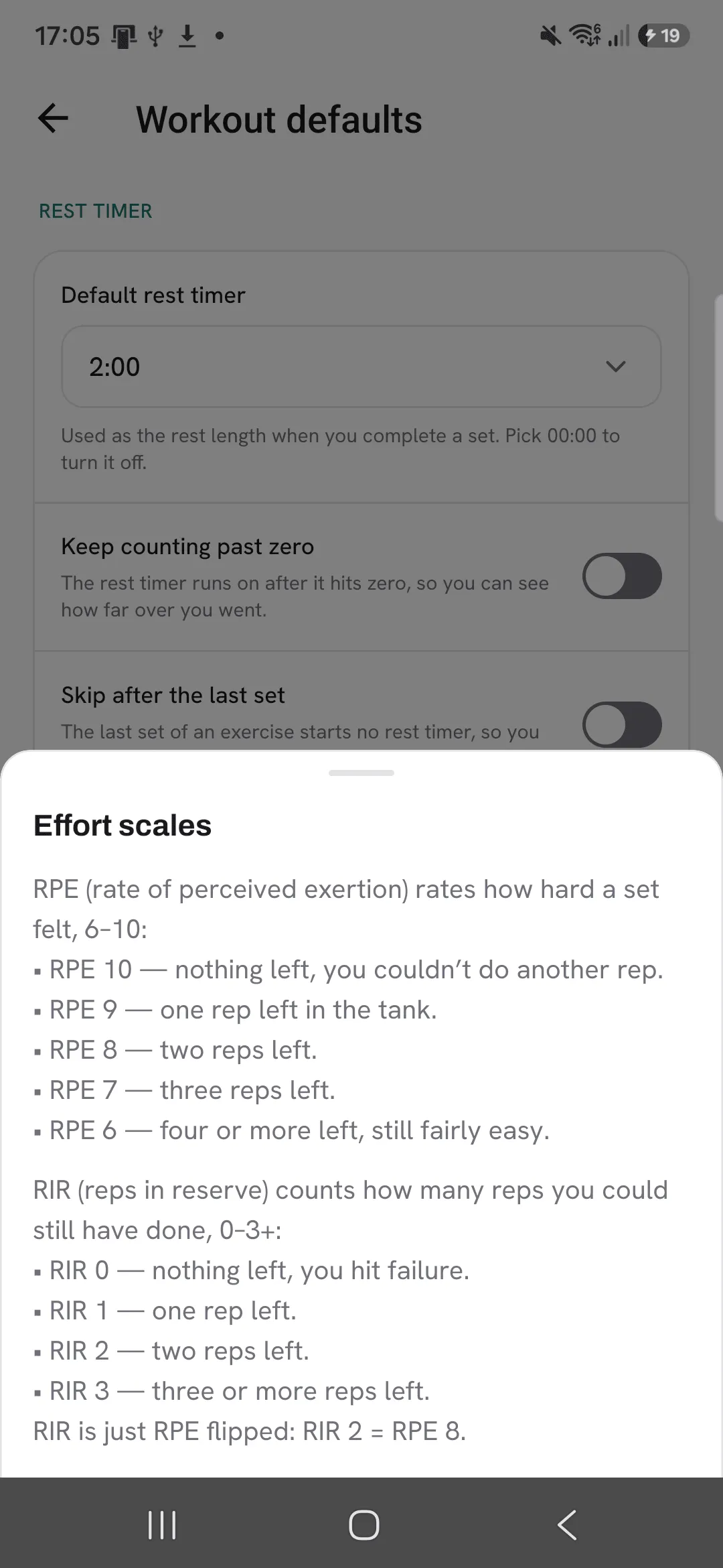 The effort scale explainer, describing RPE and RIR and showing that RIR 2 is RPE 8.