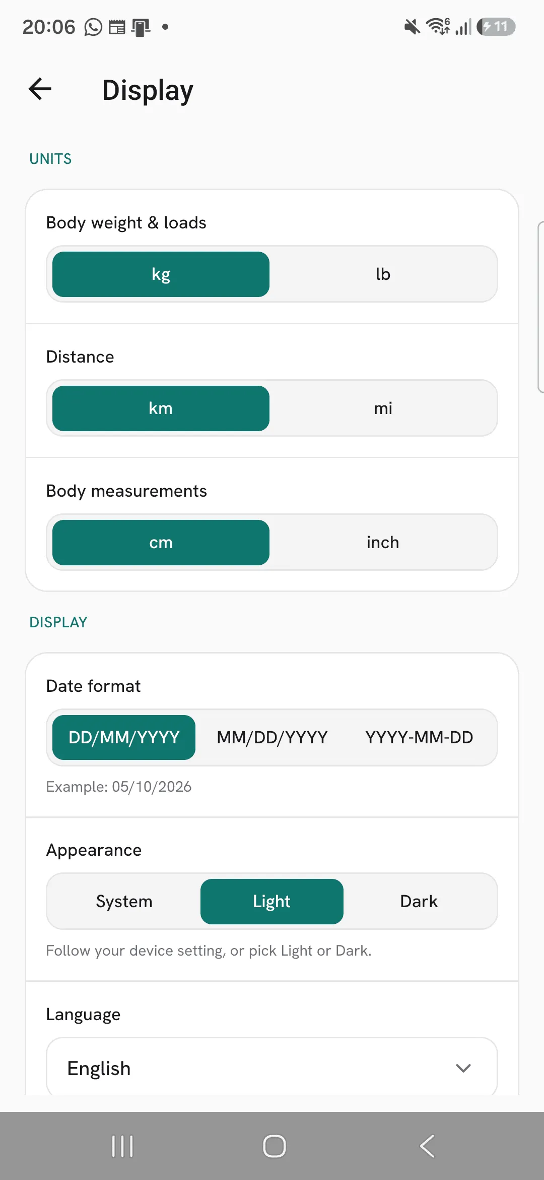 Profile, then Display, with the Body weight & loads setting set to kg, next to lb.