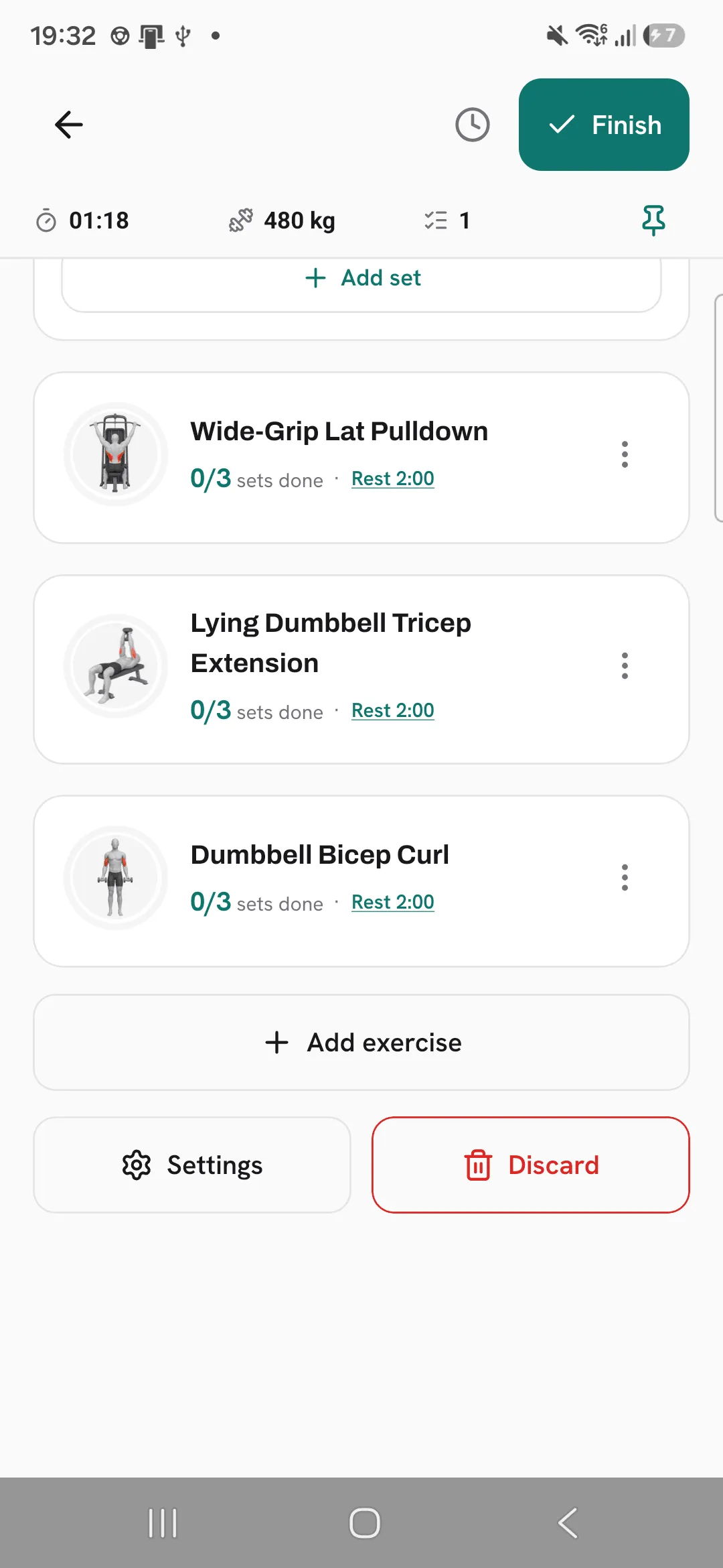 The bottom of an active workout with the Add exercise button under the last exercise, above Settings and Discard.