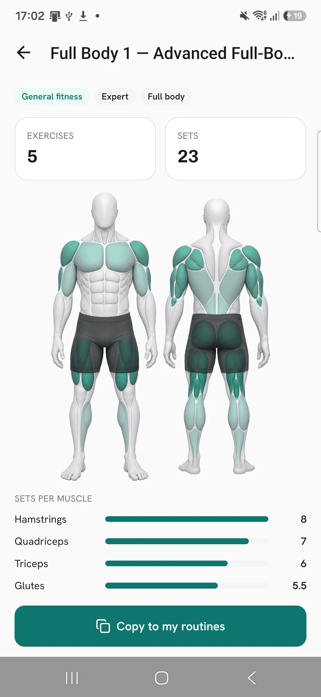 A ready-made routine from the Overlood library, with its muscle map, sets per muscle and a Copy to my routines button.