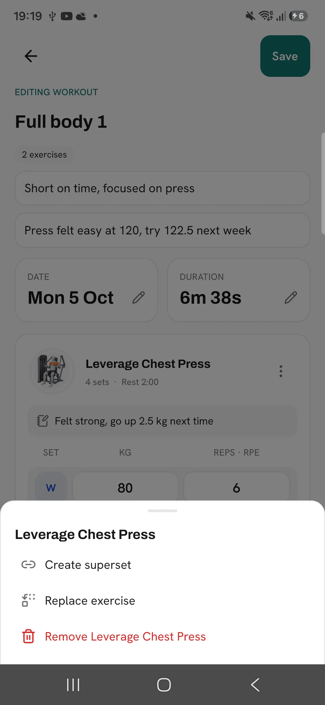 The edit screen with an exercise's menu open: Create superset, Replace exercise and Remove.