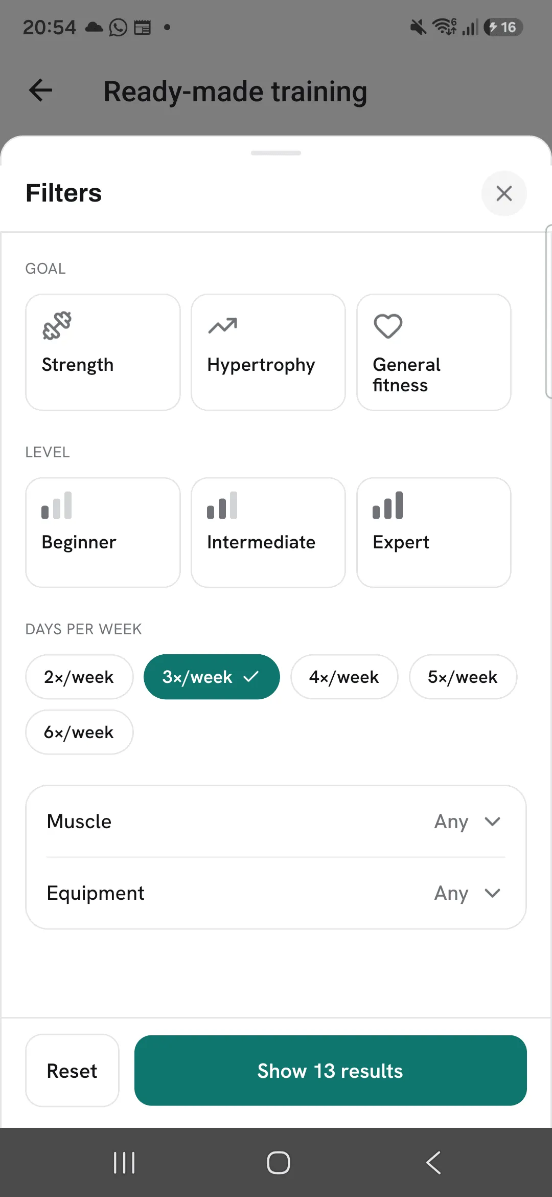 The Filters sheet for programs with Goal, Level, Days per week set to 3×/week, Muscle and Equipment, and Show 13 results.