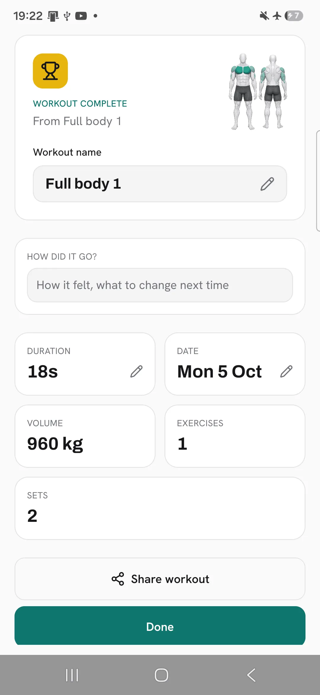 The finish summary of a workout finished with no connection.