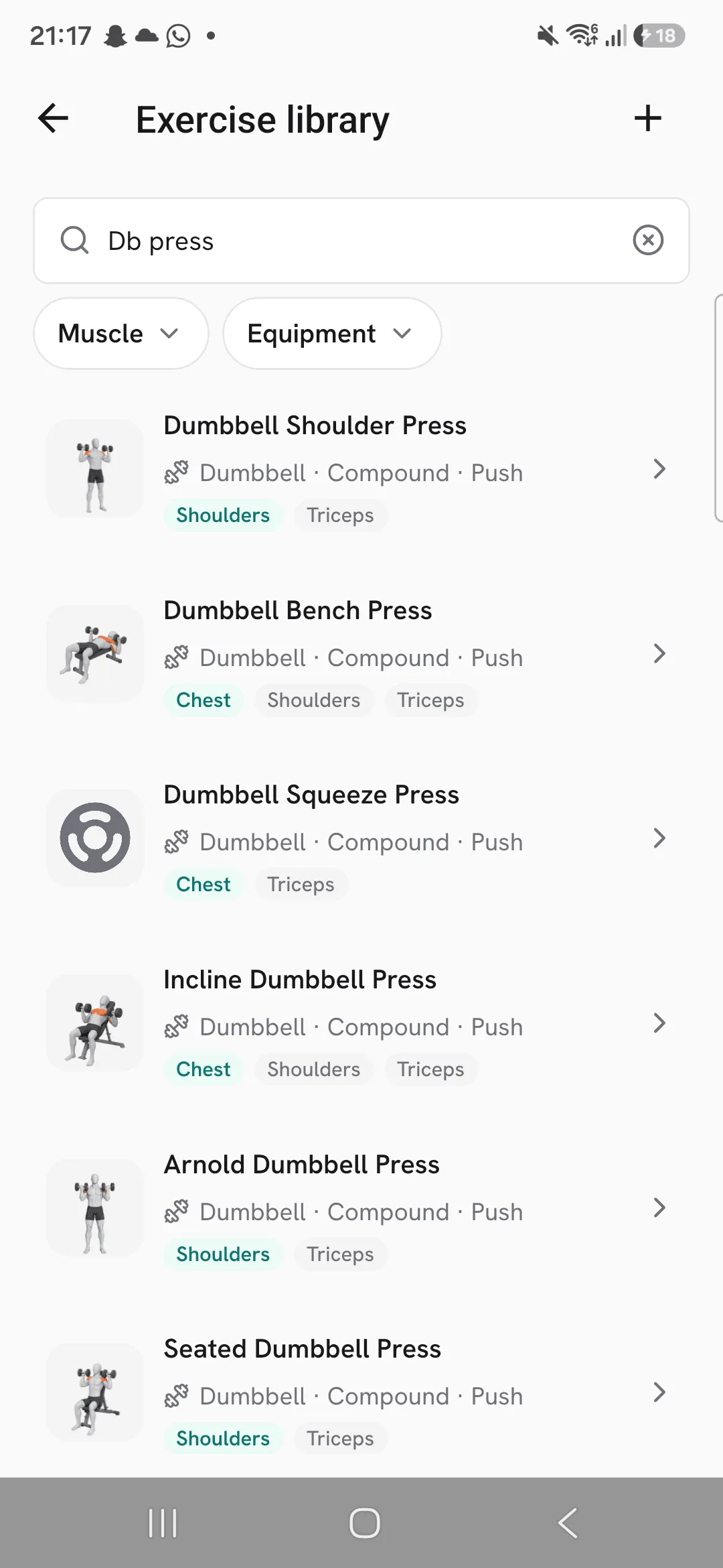 A search for db press listing Dumbbell Shoulder Press, Dumbbell Bench Press, Dumbbell Squeeze Press, Incline Dumbbell Press and more, each with its main muscle first.