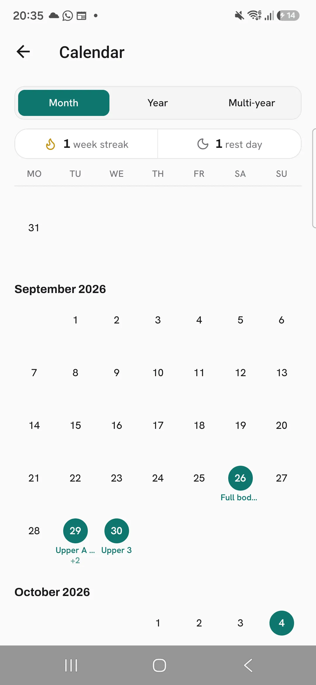 The Calendar with the week streak and rest days tiles above September 2026.