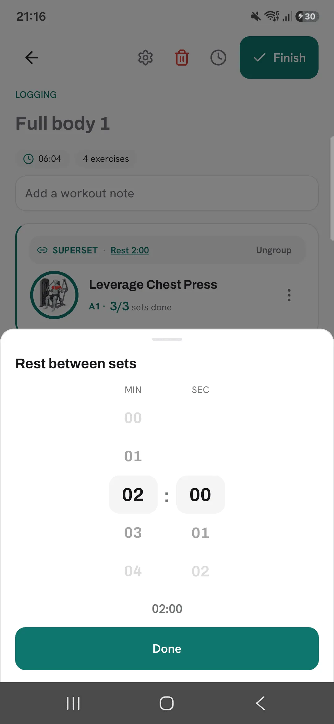 The Rest between sets picker set to 2 minutes 00 seconds, with a Done button.