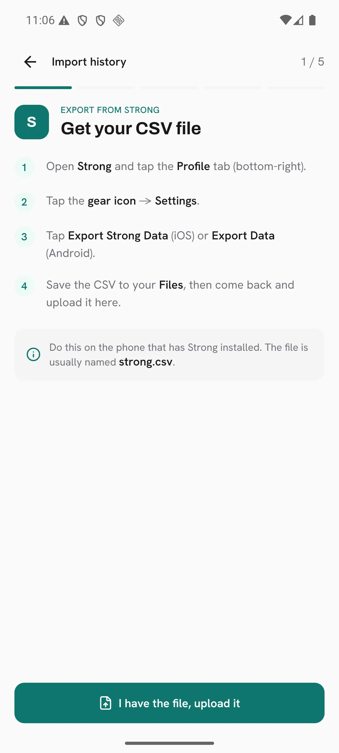 Step 1 of 5 of the Strong import: the four steps to export a CSV from Strong.