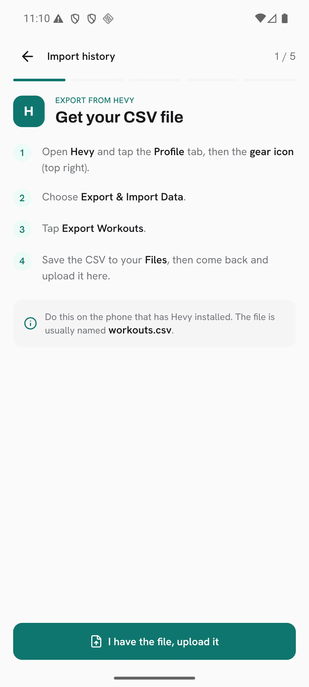 Step 1 of 5 of the Hevy import: the four steps to export a CSV from Hevy.