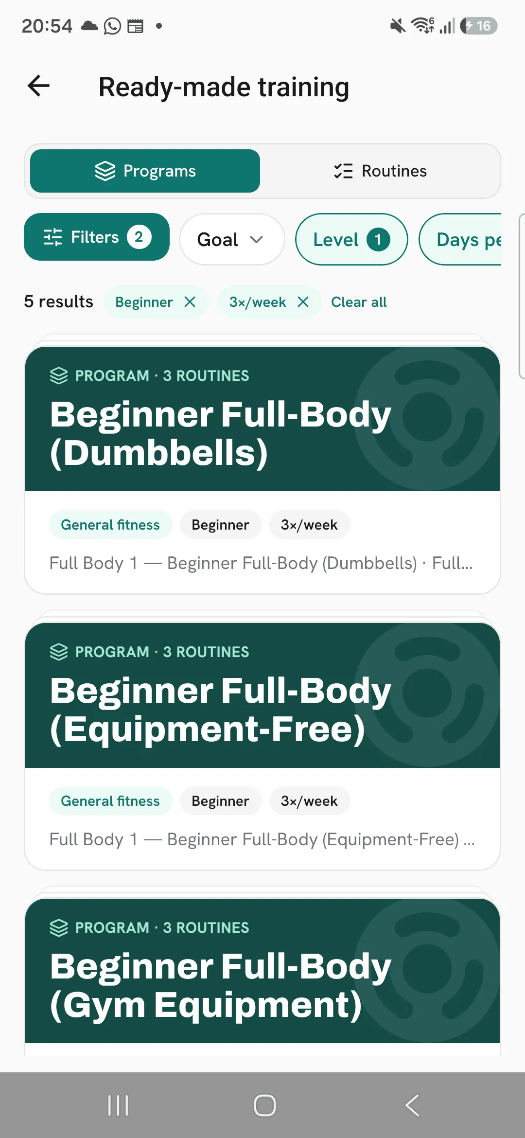Programs filtered to 5 results, with Beginner and 3×/week chips, Clear all, and Beginner Full-Body programs below.