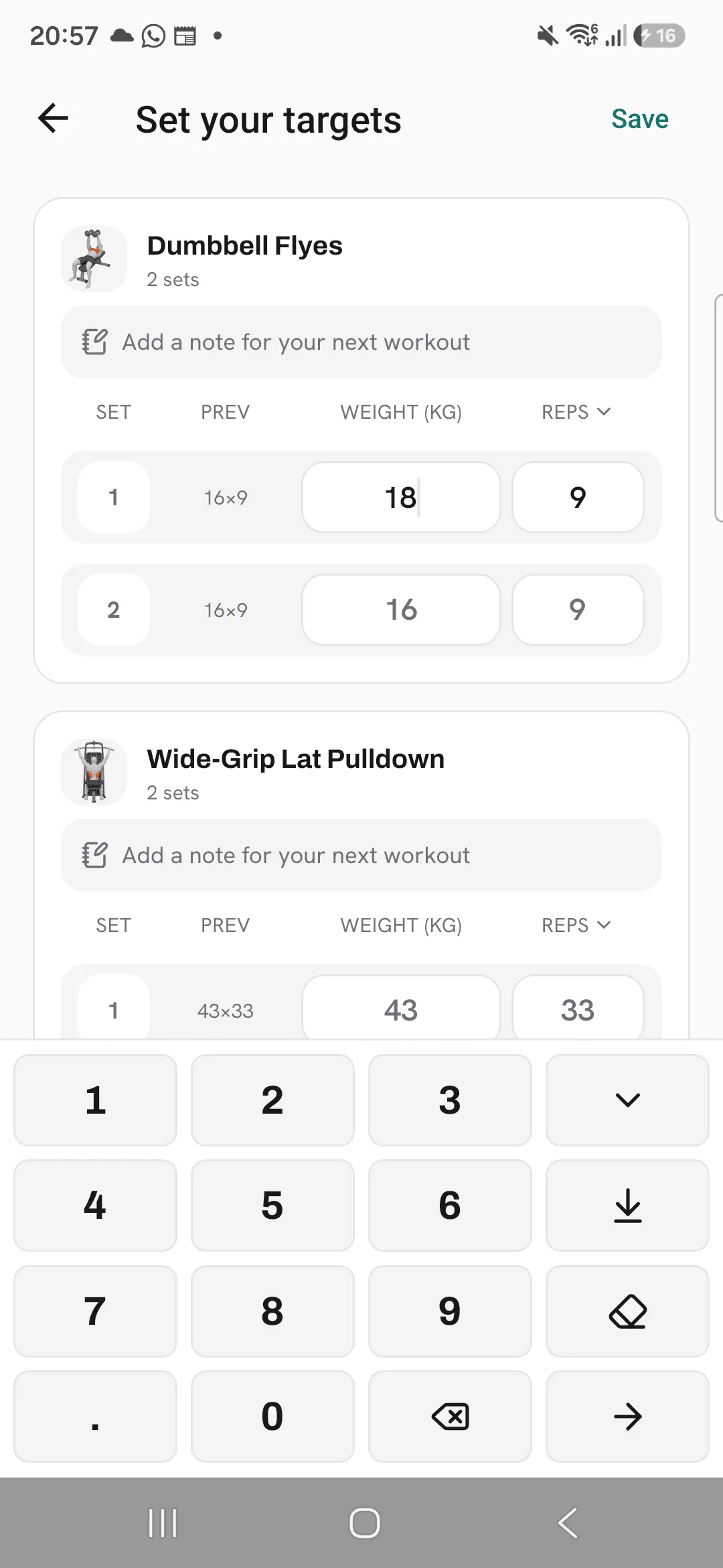 The keypad open on a weight with 18 typed, and the apply-to-all-sets and clear-target keys on the right.