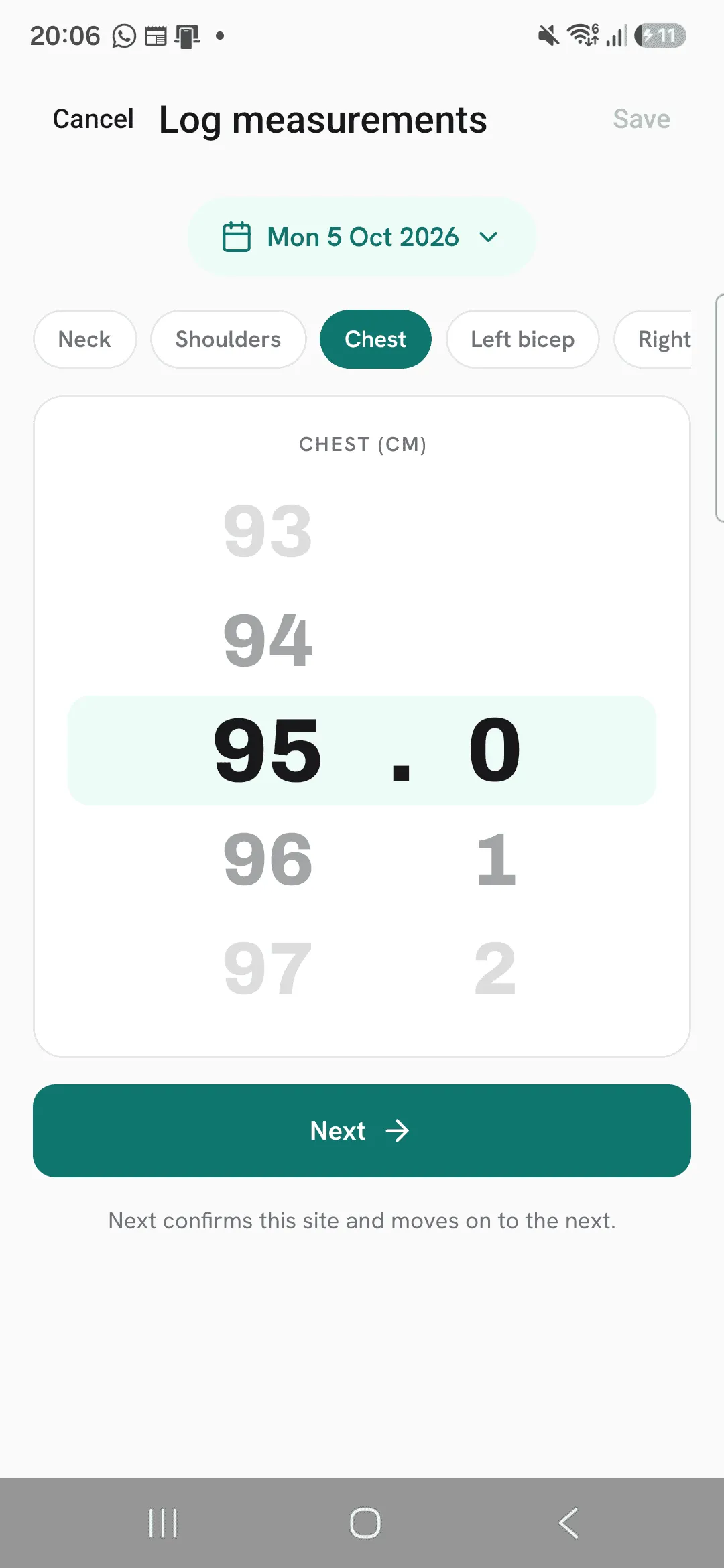 Log measurements with Chest selected, the wheel at 95.0 cm and the Next button below it.