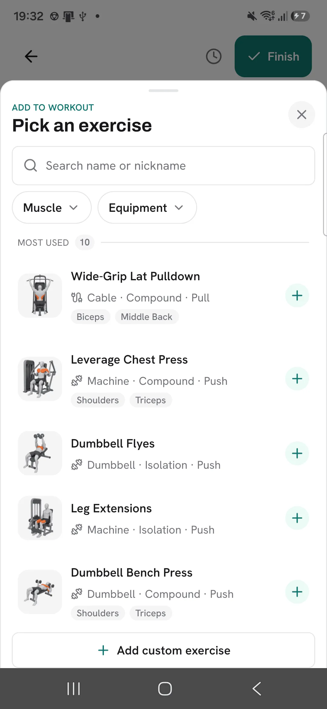 The Pick an exercise sheet with search, Muscle and Equipment filters, the most used exercises, and Add custom exercise.