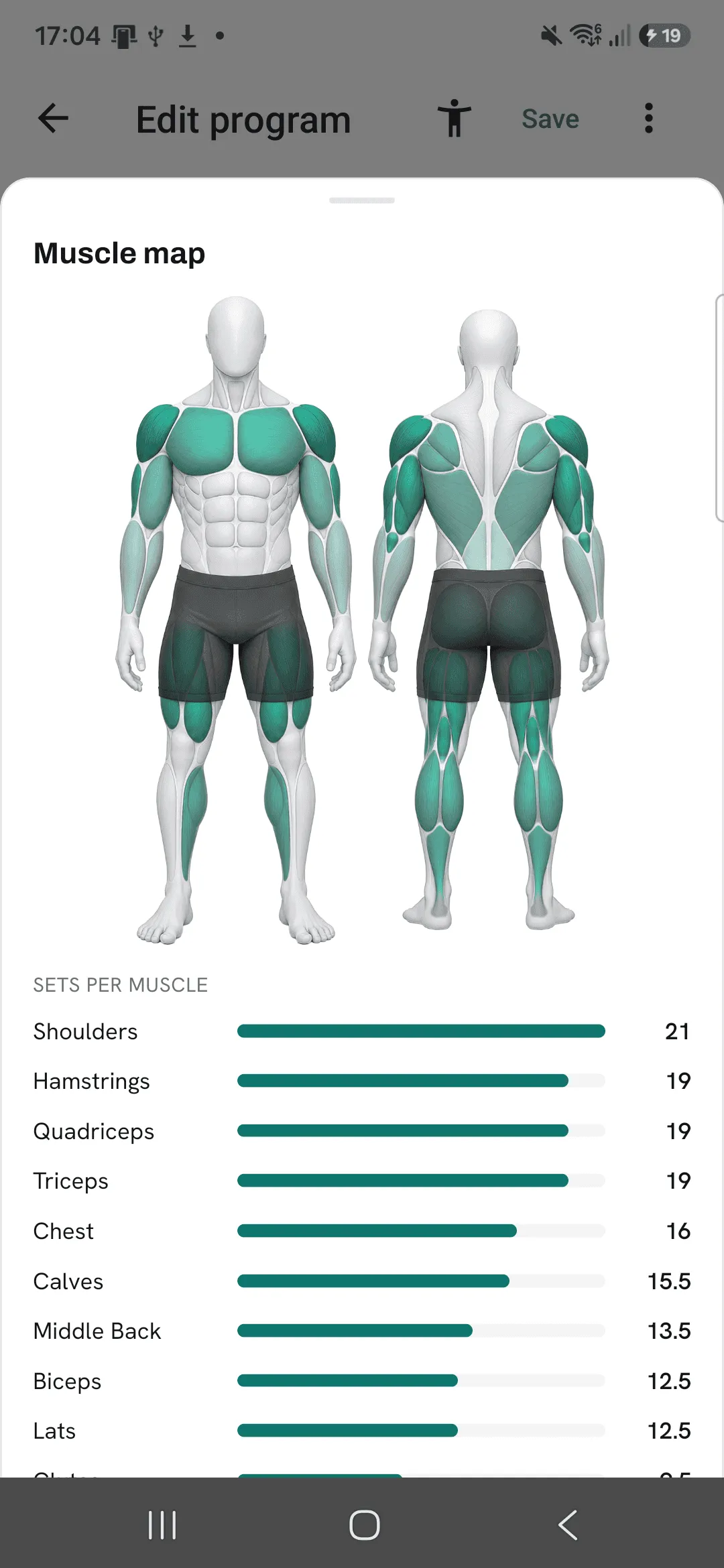 The Muscle map sheet for a whole program, shading every muscle its routines train and listing sets per muscle from shoulders down.