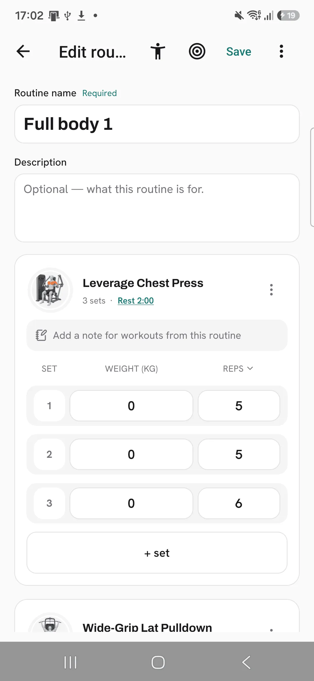 The routine editor with the muscle map icon in its header.