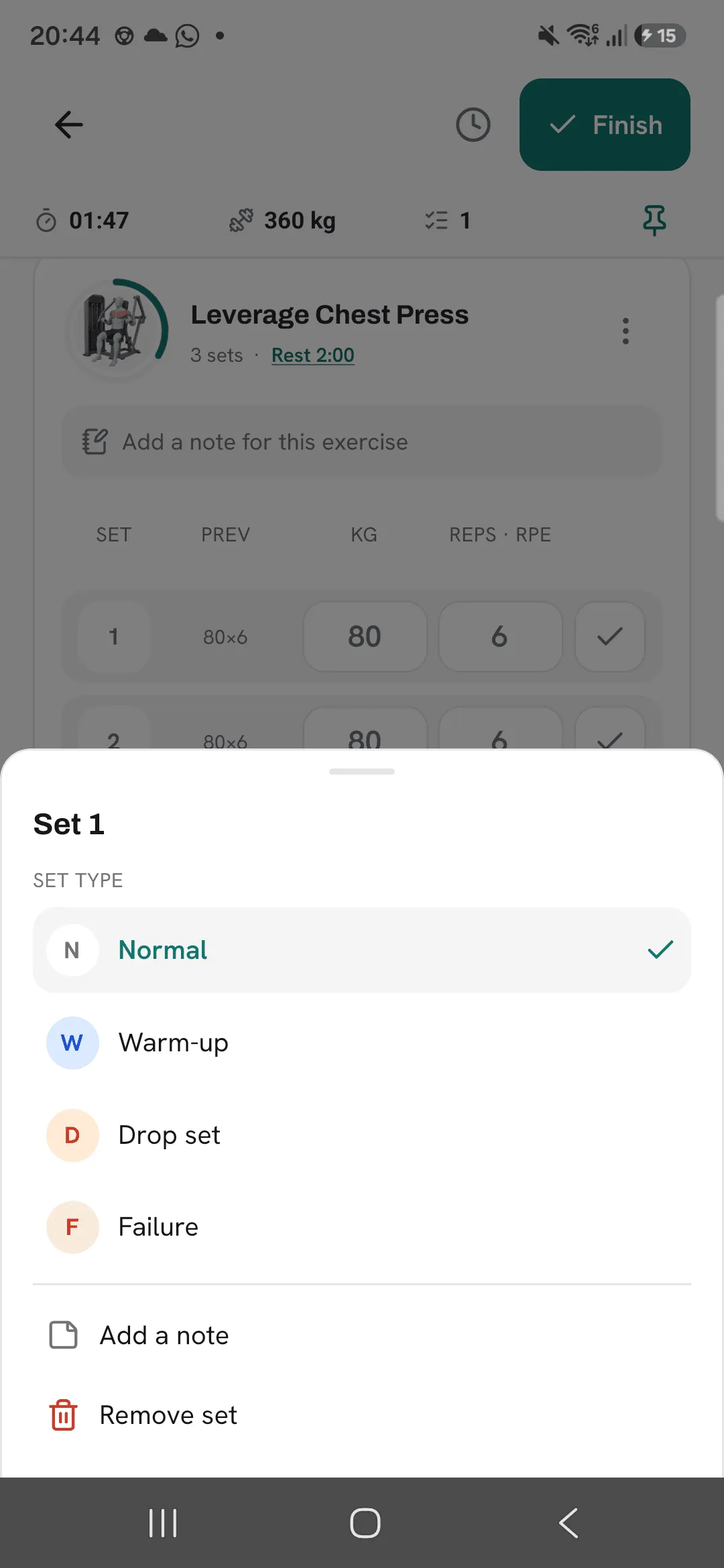 The set menu with the set types Normal, Warm-up, Drop set and Failure.