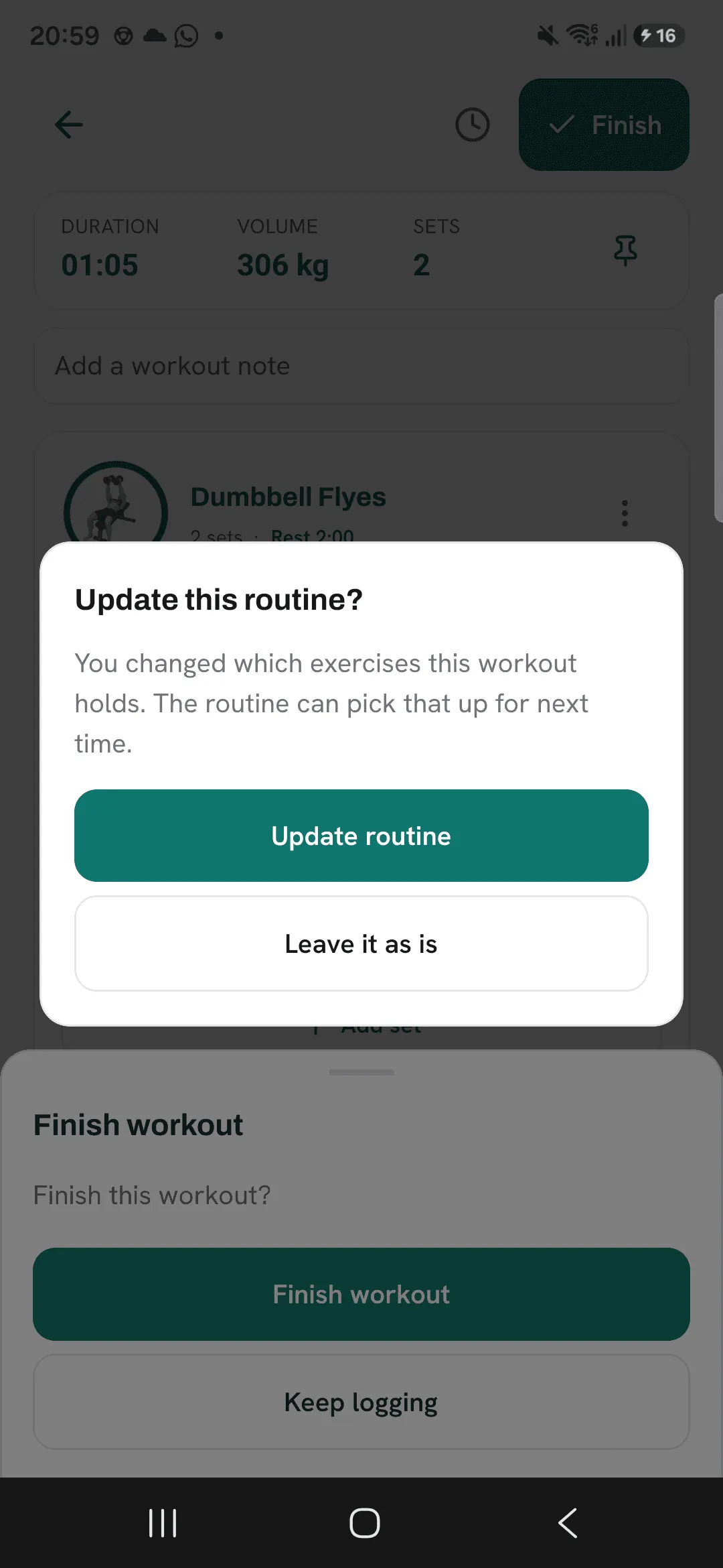 The Update this routine? dialog after finishing a workout with an exercise removed, with Update routine and Leave it as is.