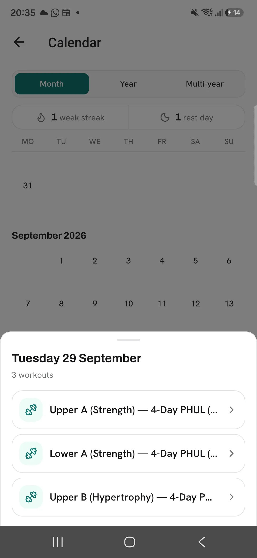 The sheet for Tuesday 29 September listing its 3 workouts to pick from.